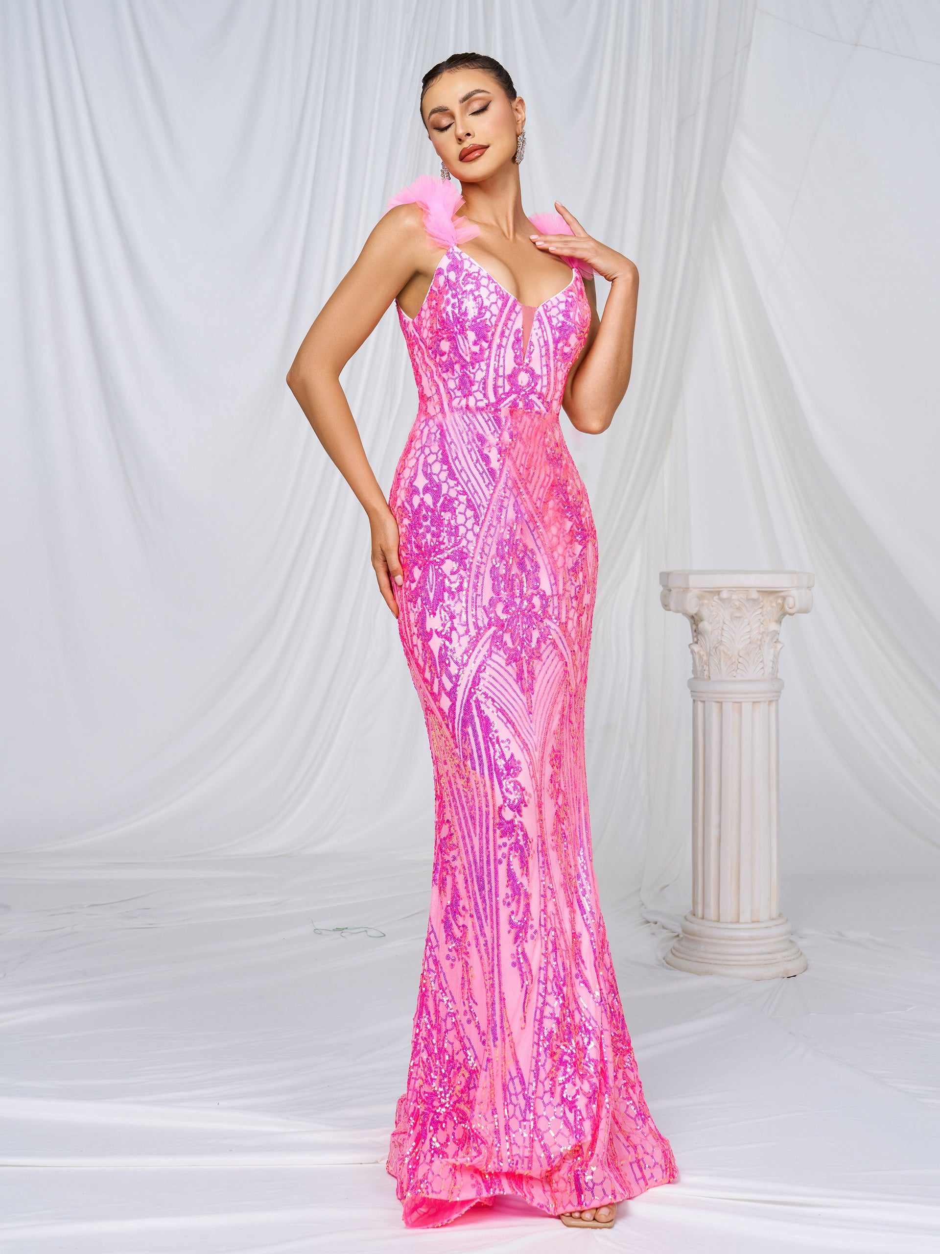 Mesh Straps Pink Sequin Maxi Dress