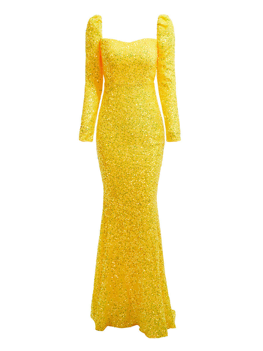 Formal Square Neck Mermaid Sequin Evening Dress