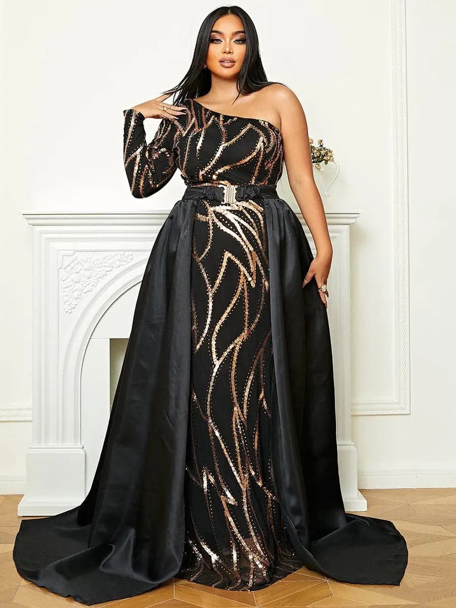 One Shoulder Cloak Sequin Prom Dress