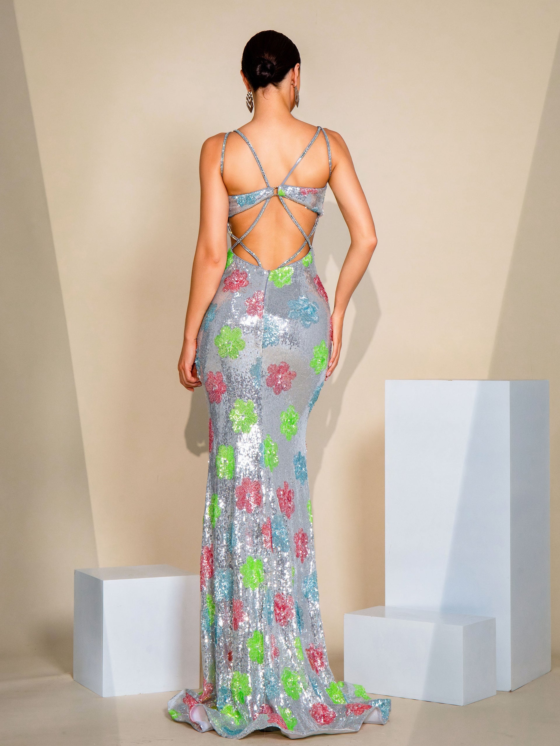 Spaghetti Floral Sequin Split Prom Dress