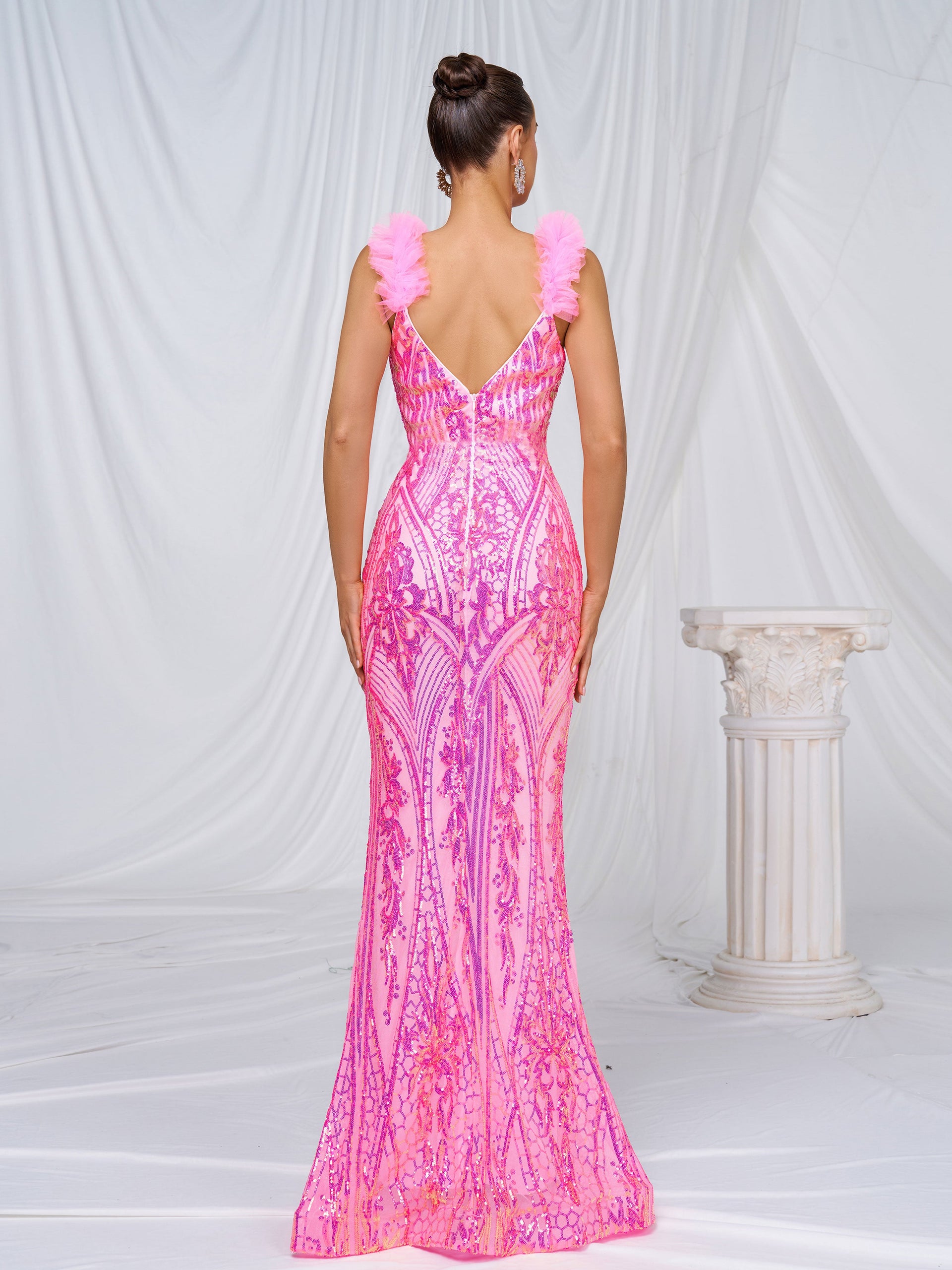 Mesh Straps Pink Sequin Maxi Dress