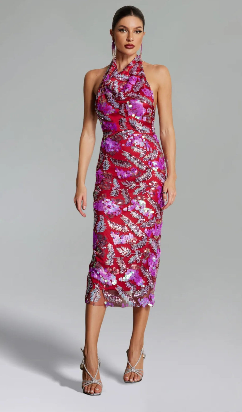 Embellished halter backless midi dress