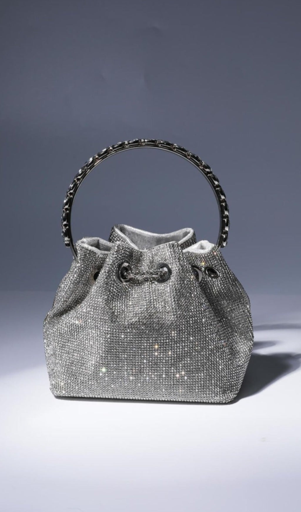 CRYSTAL EMBELLISHED BUCKET BAG IN SILVER