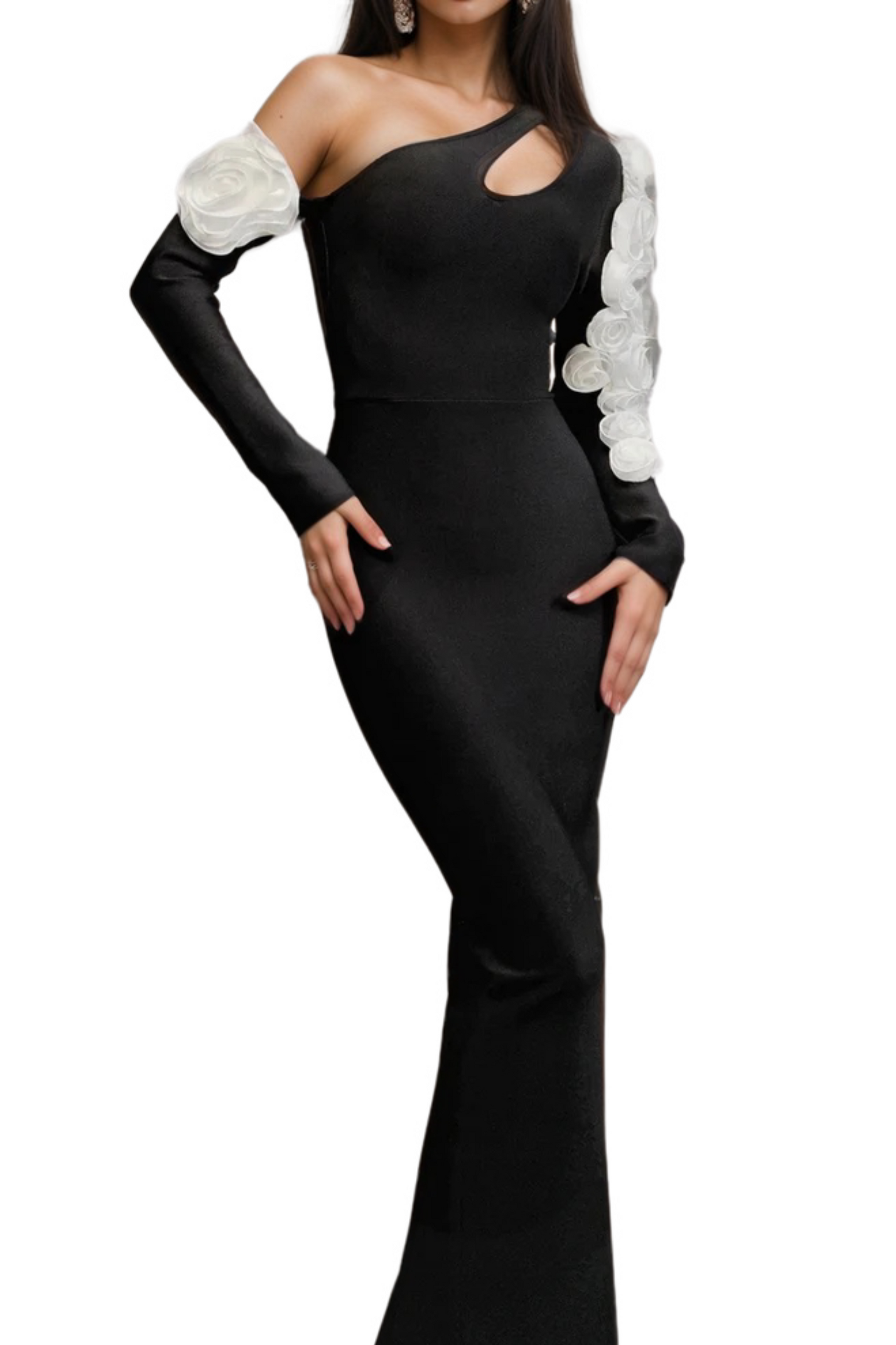 One Shoulder flower embellished Cutout Bandage Maxi Dress in black