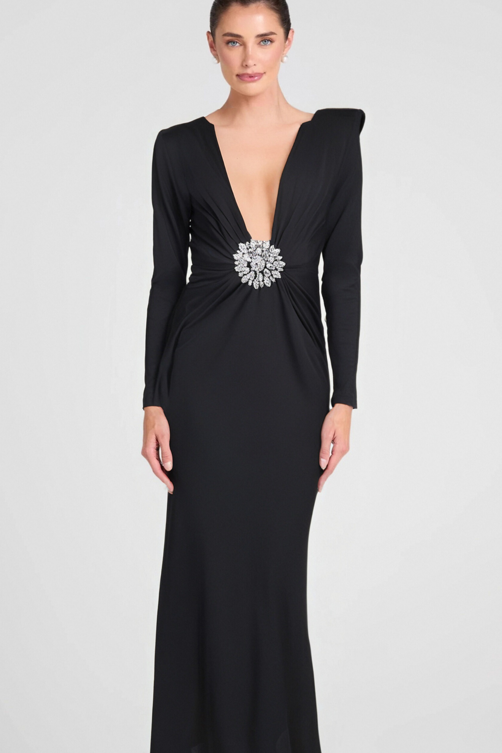 BERNICE LONG SLEEVE DRAPED EMBELLISHED MAXI DRESS IN BLACK