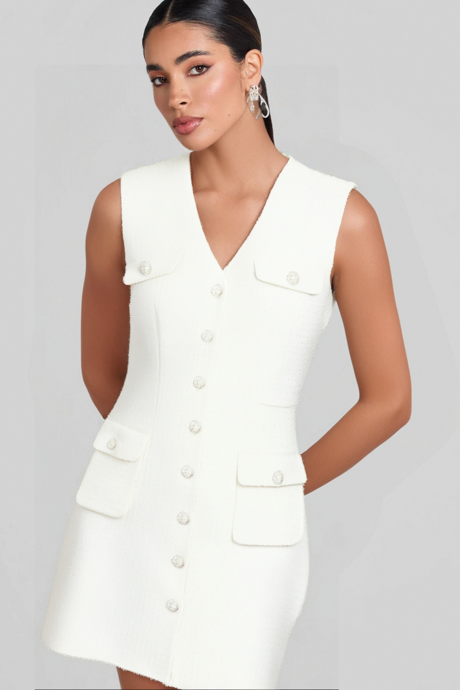 Bouclé pearl-buttons knitted mini dress in white