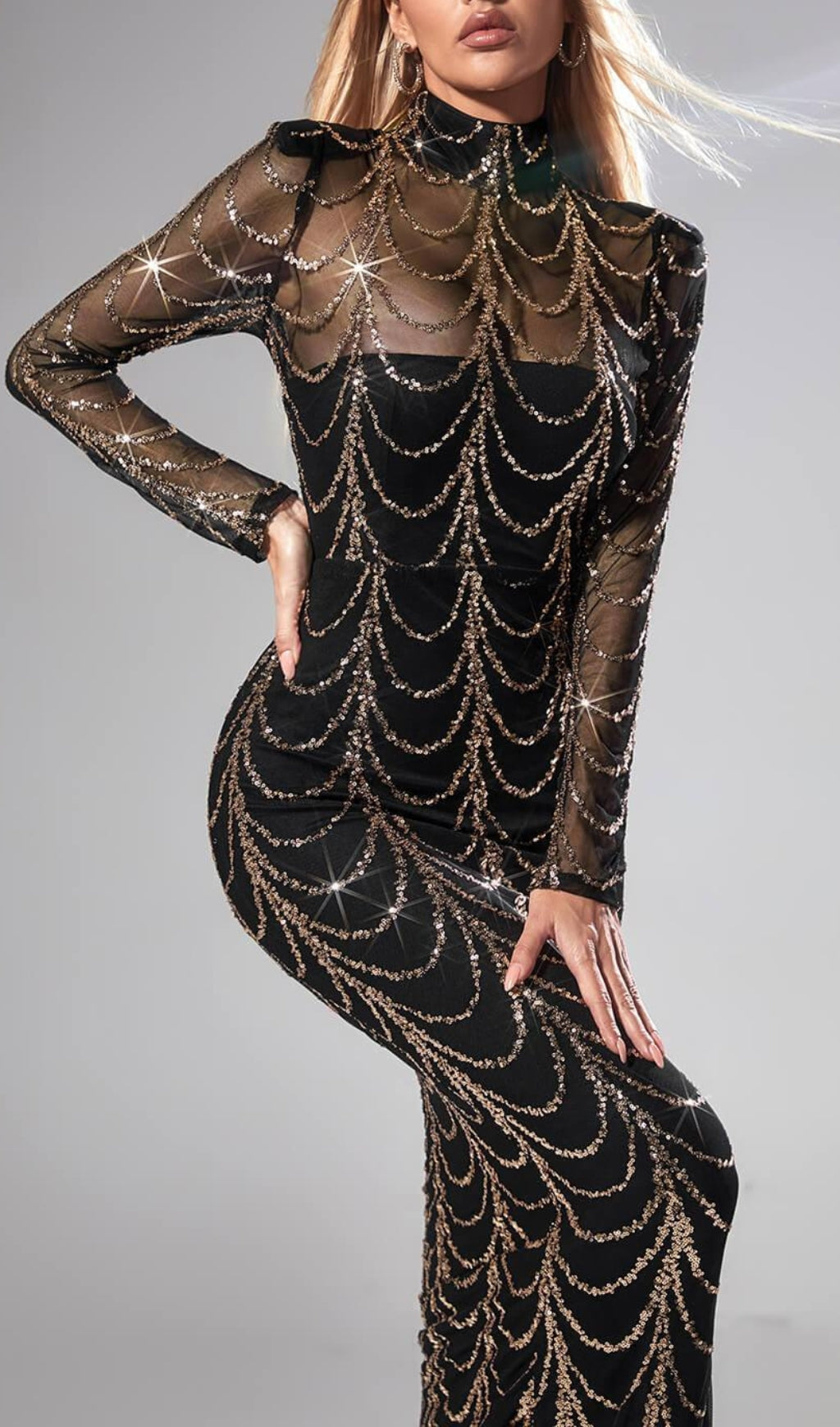 Long Sleeve Sequin Maxi Dress In Black