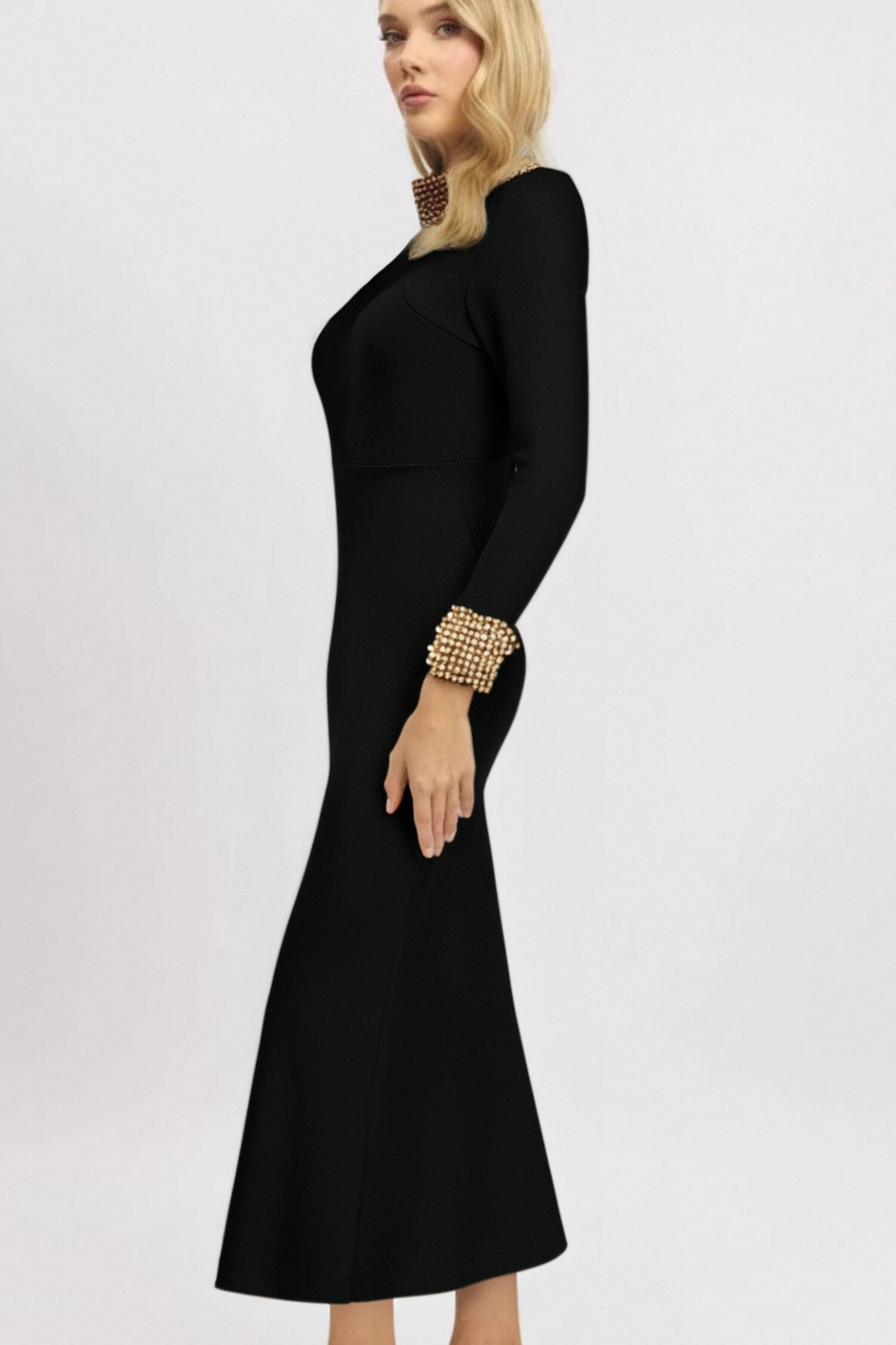 YVONNE LONG SLEEVE GOLD BEAD BANDAGE MIDI DRESS IN BLACK