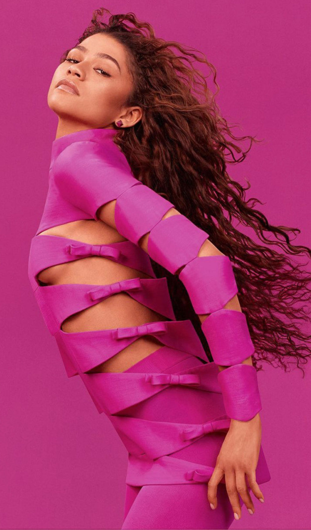 Cutout long sleeve mini dress in hot pink