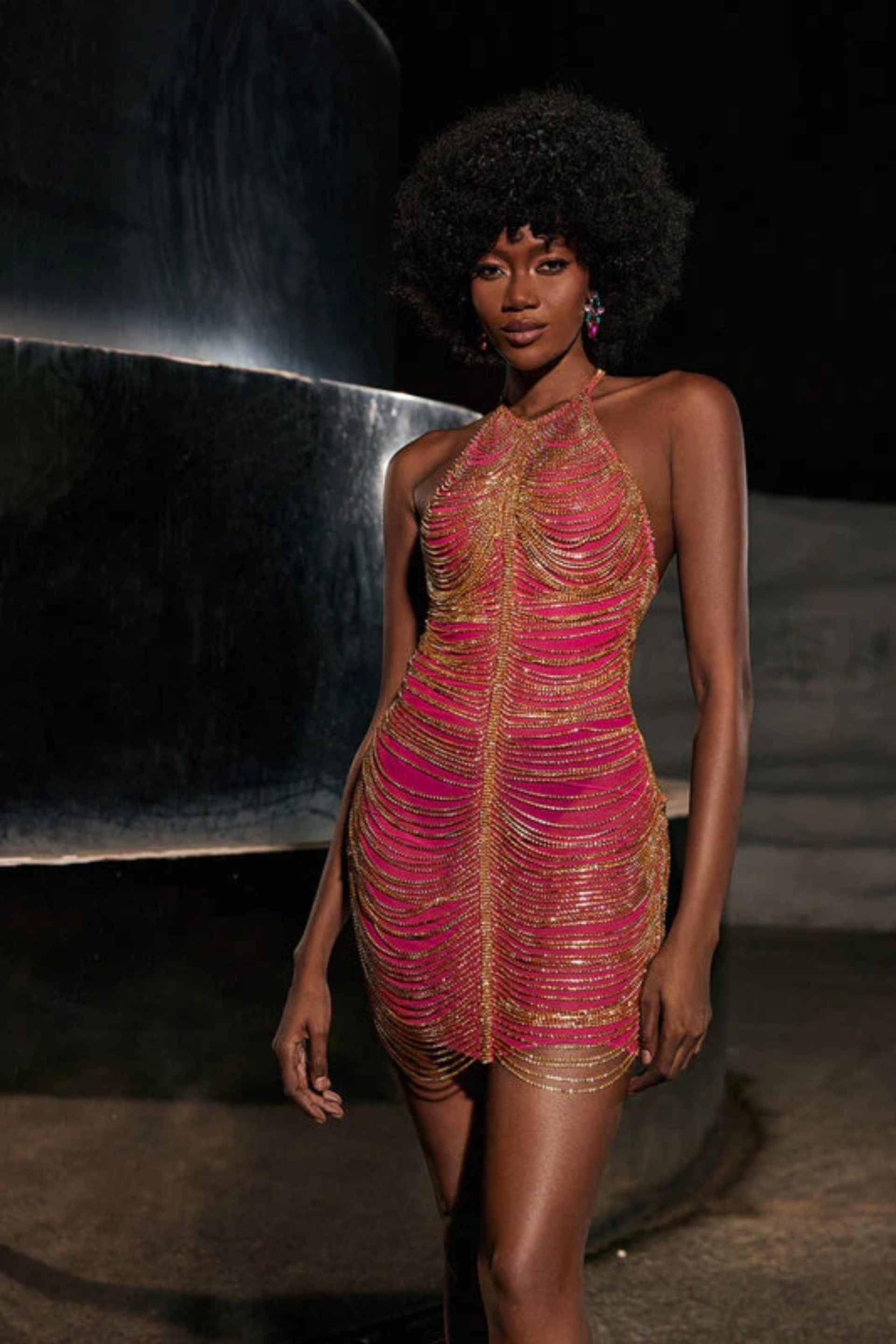 Embellished halter mini dress