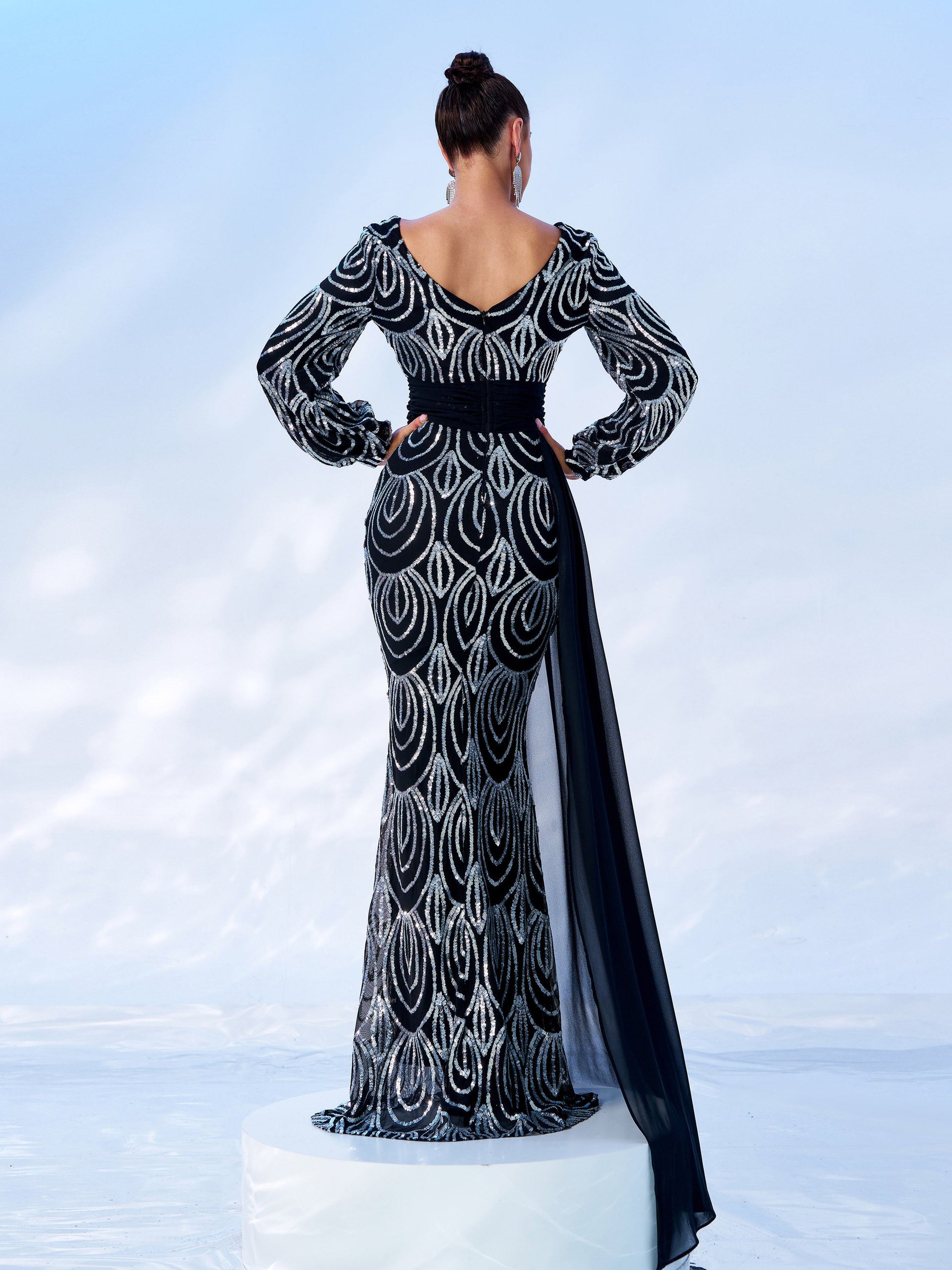 Formal Draping Sequin Long Sleeve Dress
