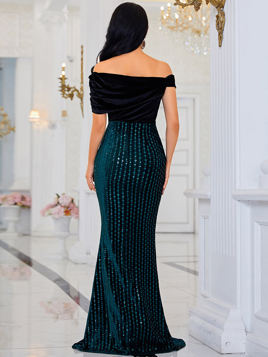 Off Shoulder Panel Sequin Formal Dress