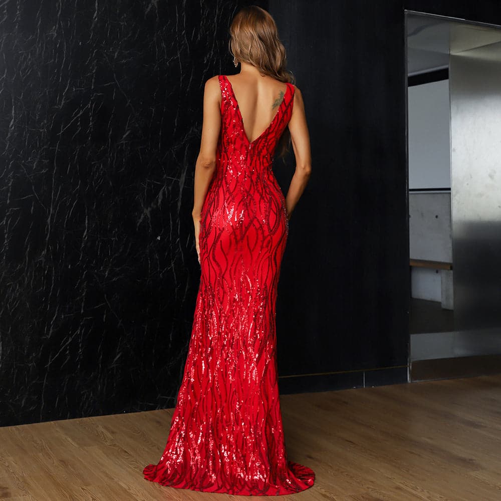 V-neck Split Sequin Maxi Prom Dress
