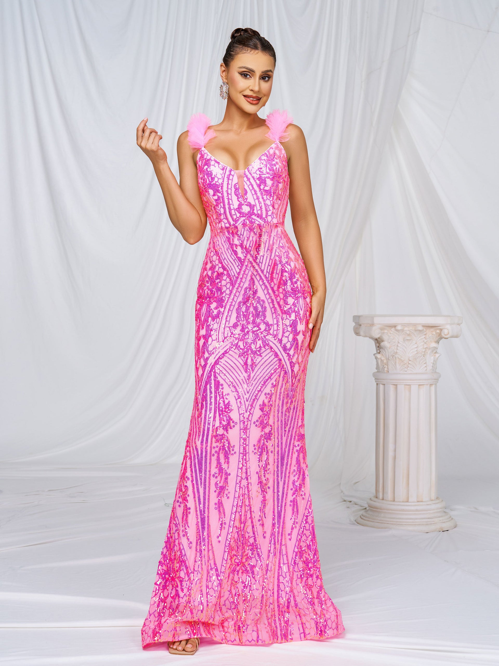 Mesh Straps Pink Sequin Maxi Dress