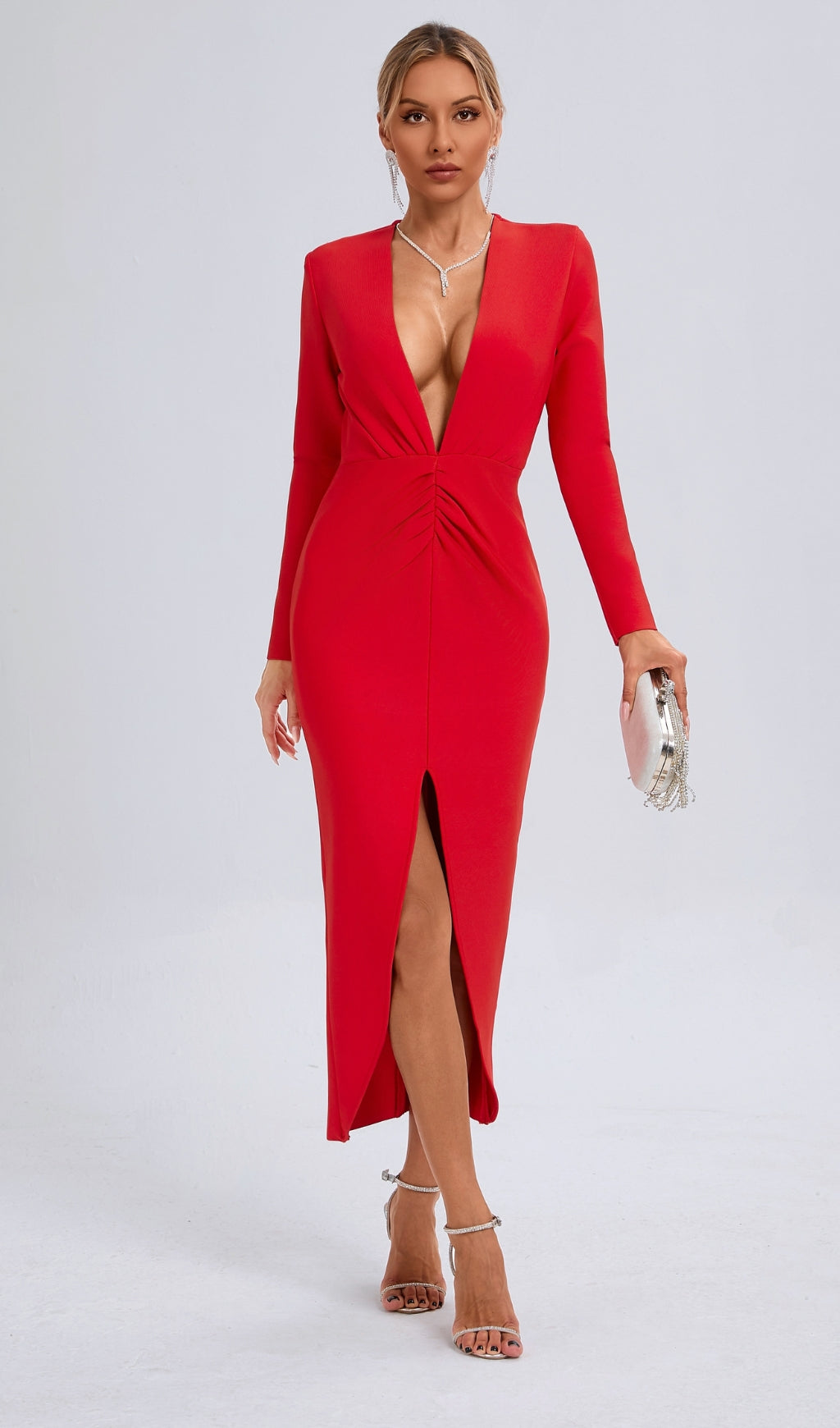 Red V neckline long sleeve maxi dress