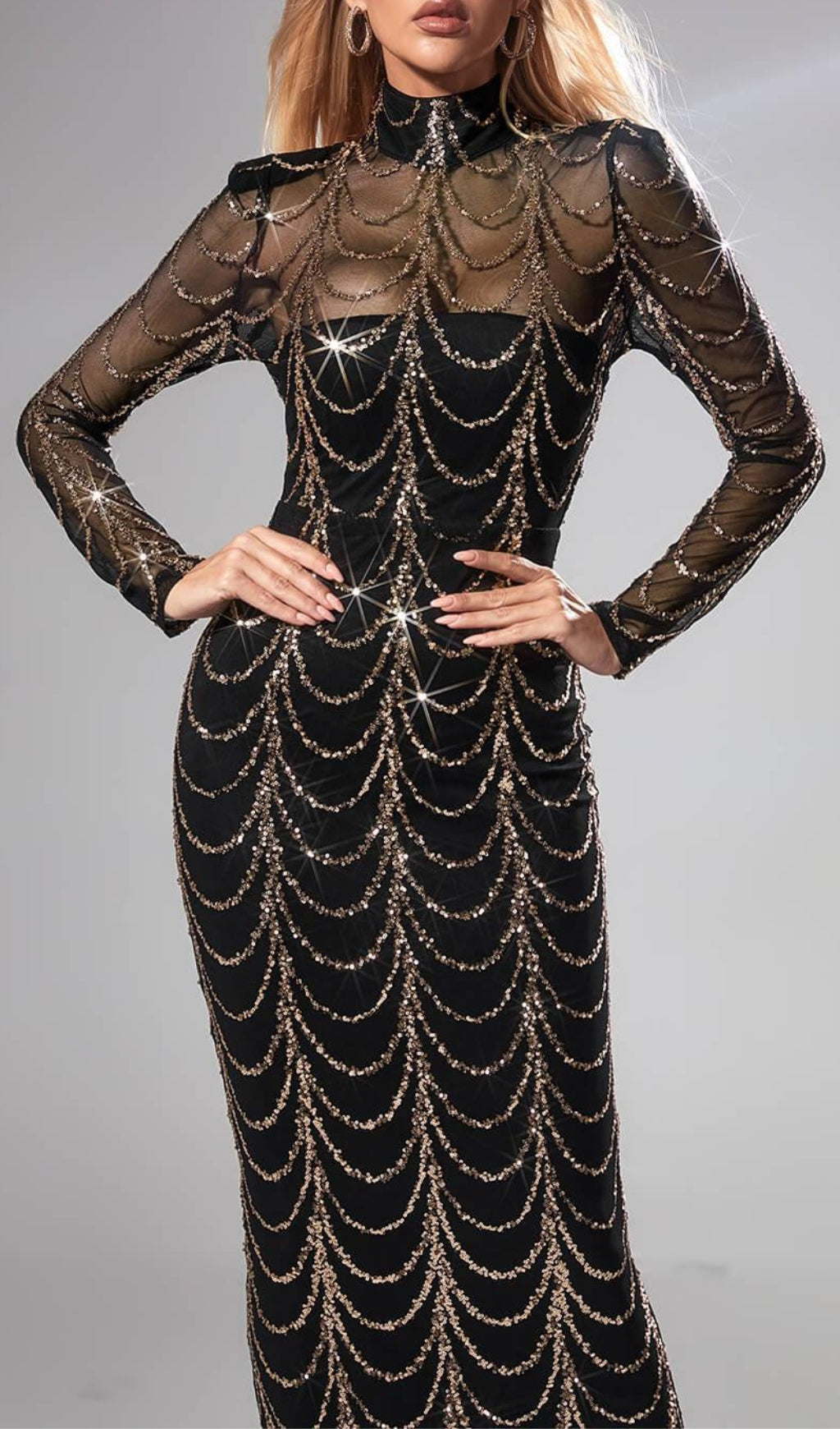 Long Sleeve Sequin Maxi Dress In Black