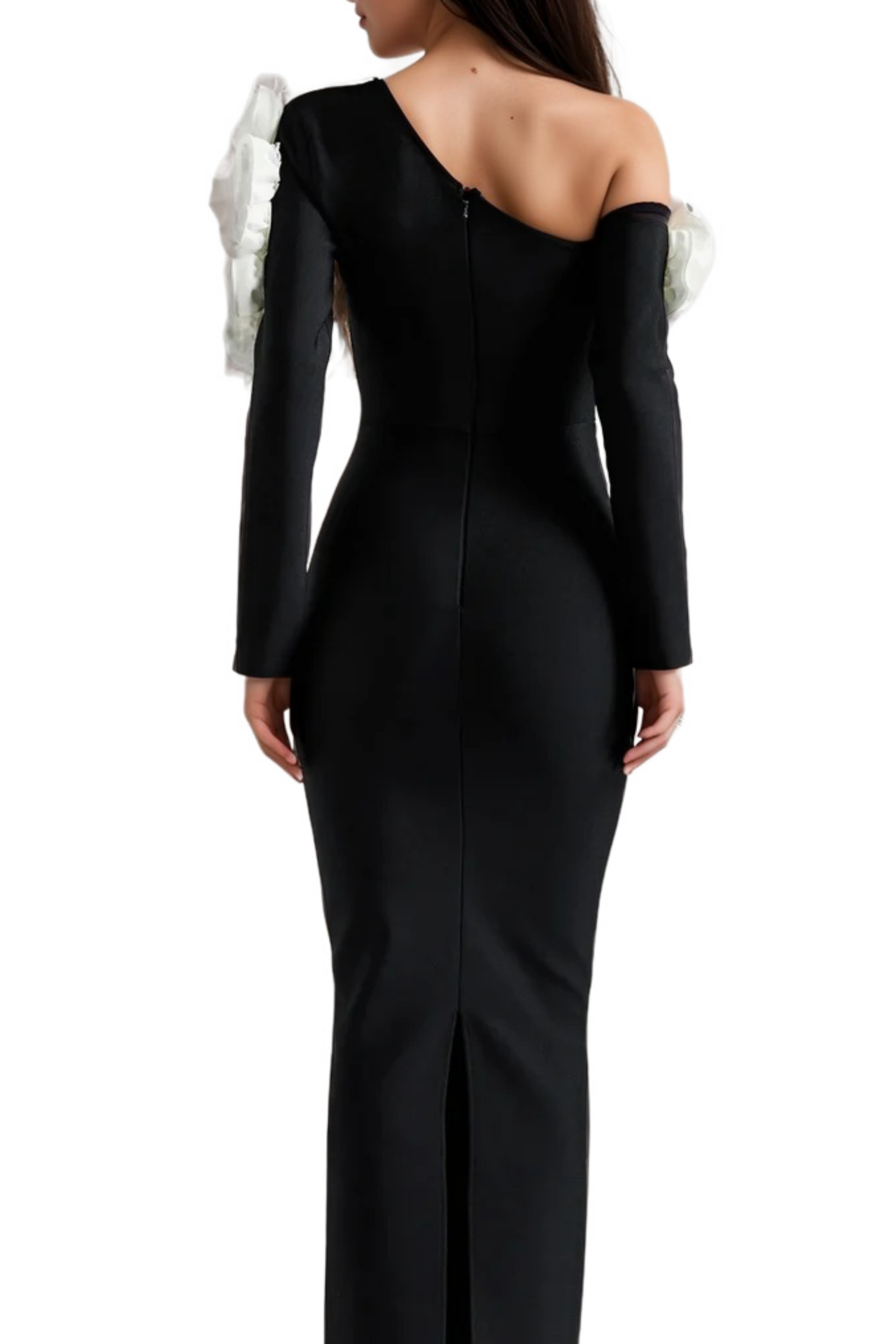 One Shoulder flower embellished Cutout Bandage Maxi Dress in black