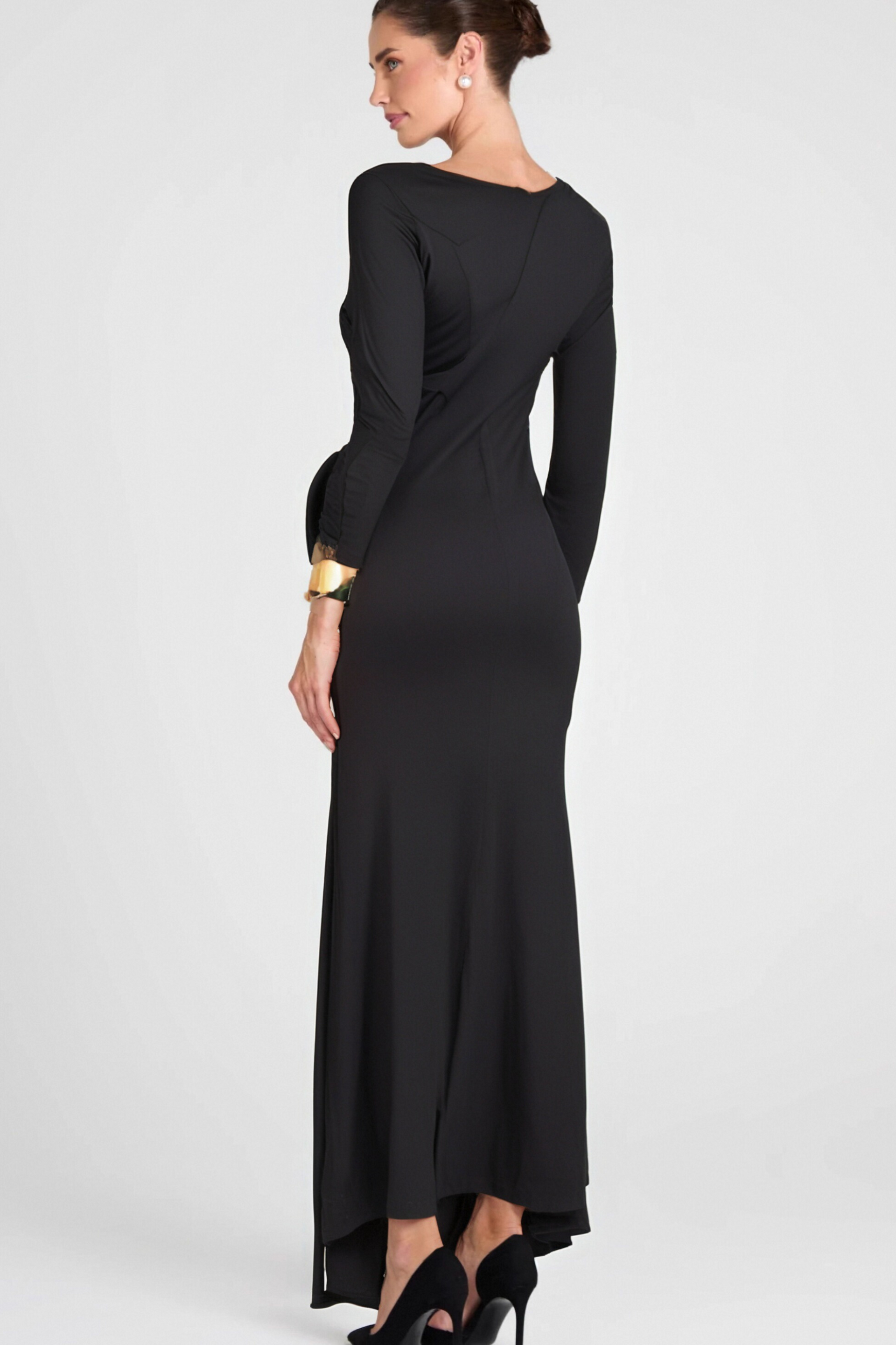 BERNICE LONG SLEEVE DRAPED EMBELLISHED MAXI DRESS IN BLACK