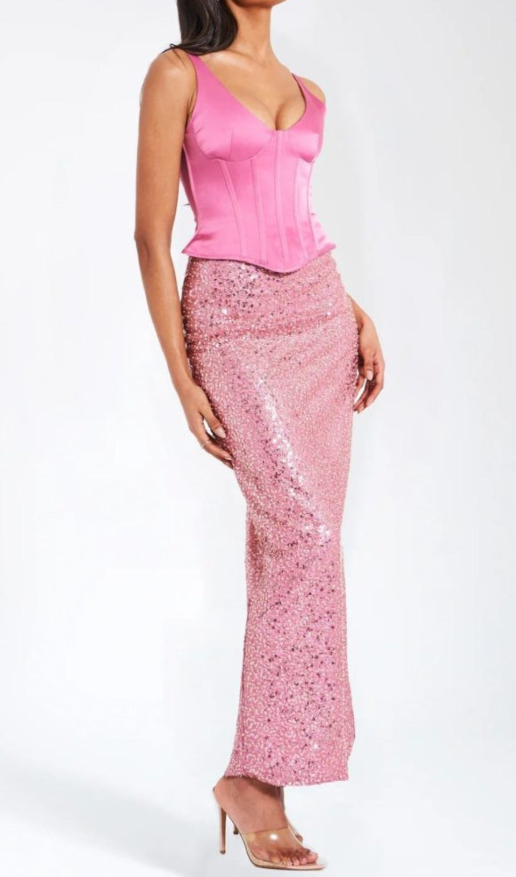 PINK SATIN CORSET SEQUIN MAXI DRESS