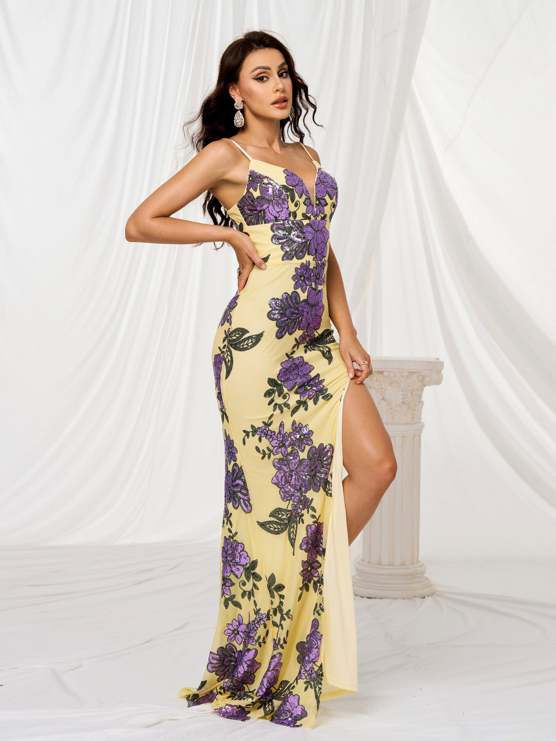 Spaghetti Split Floral Sequin Dress
