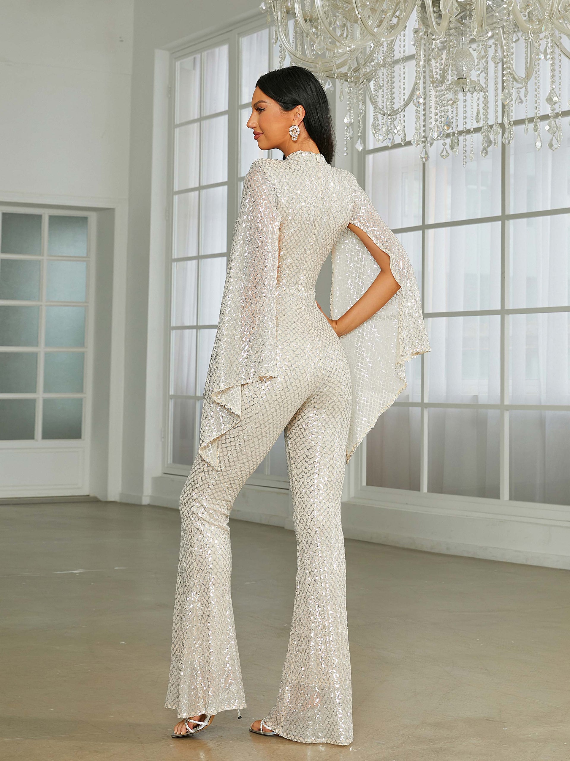 Stand Collar Cape Sleeve Sequin Jumpsuits