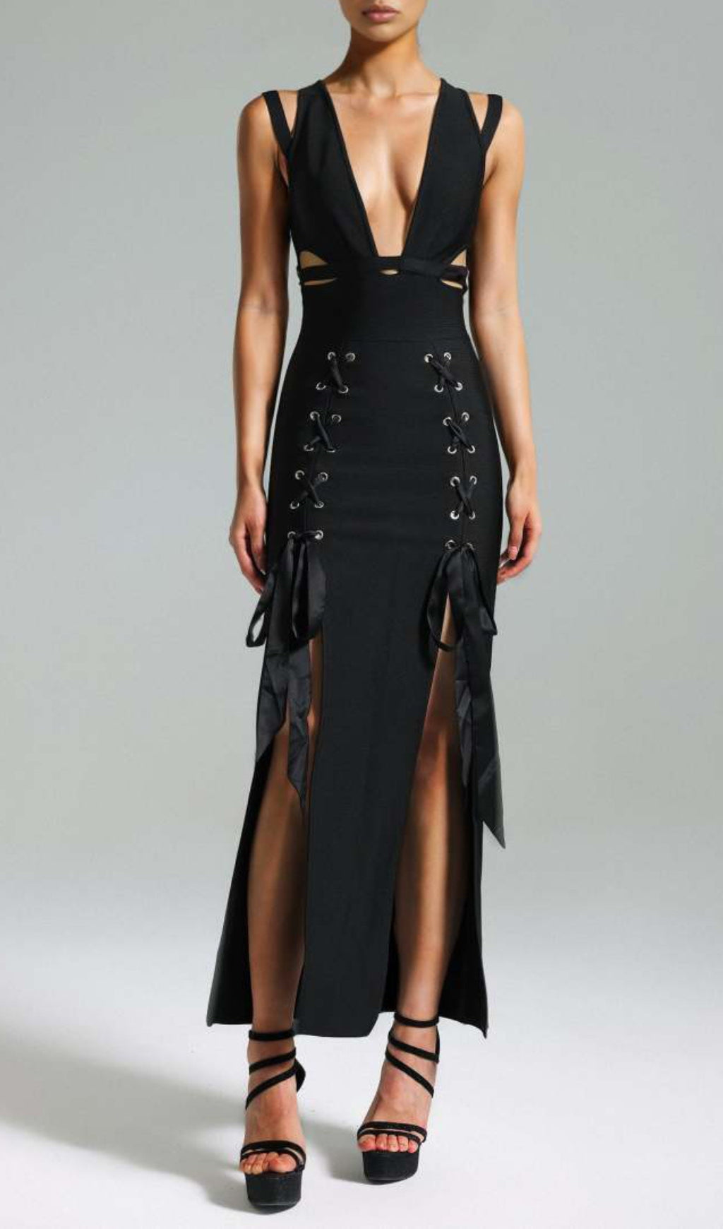Lace-up V neckline midi dress in black