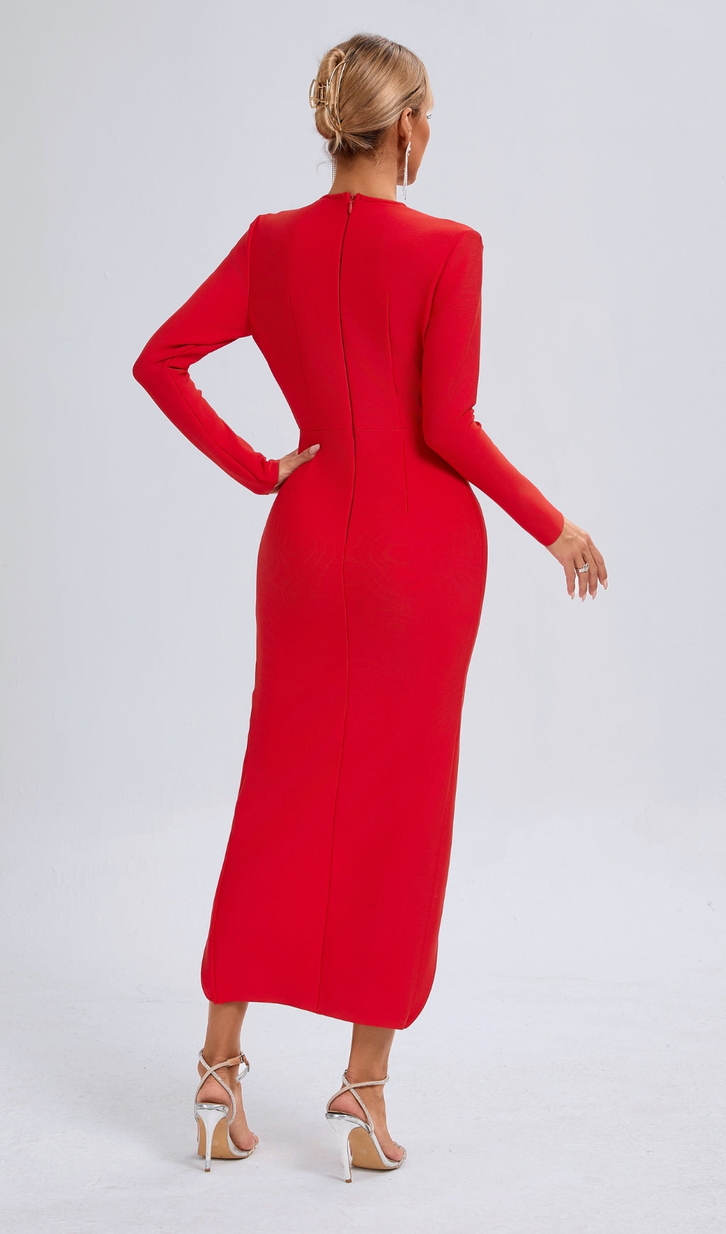 Red V neckline long sleeve maxi dress