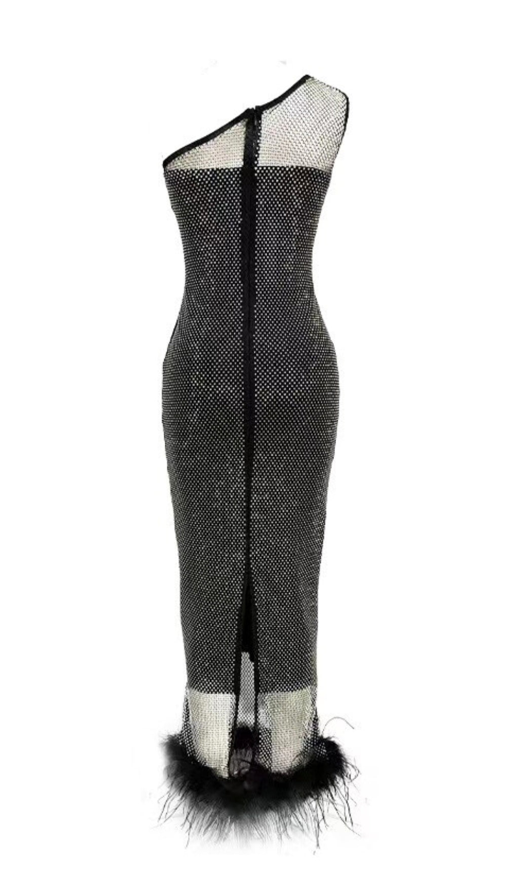 MESH DIAMOND FEATHER BANDAGE MAXI DRESS IN BLACK