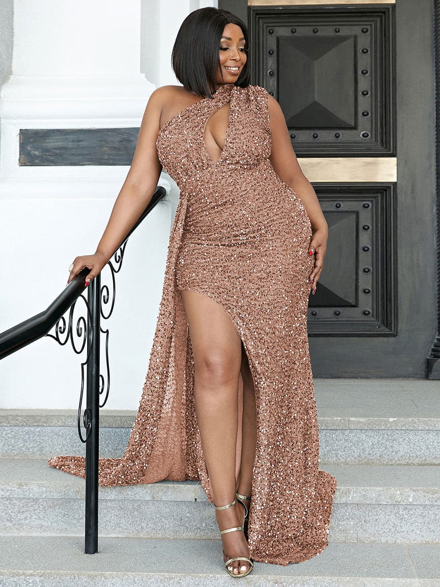 Plus Size Cutout Sequin Ribbon Prom Dress