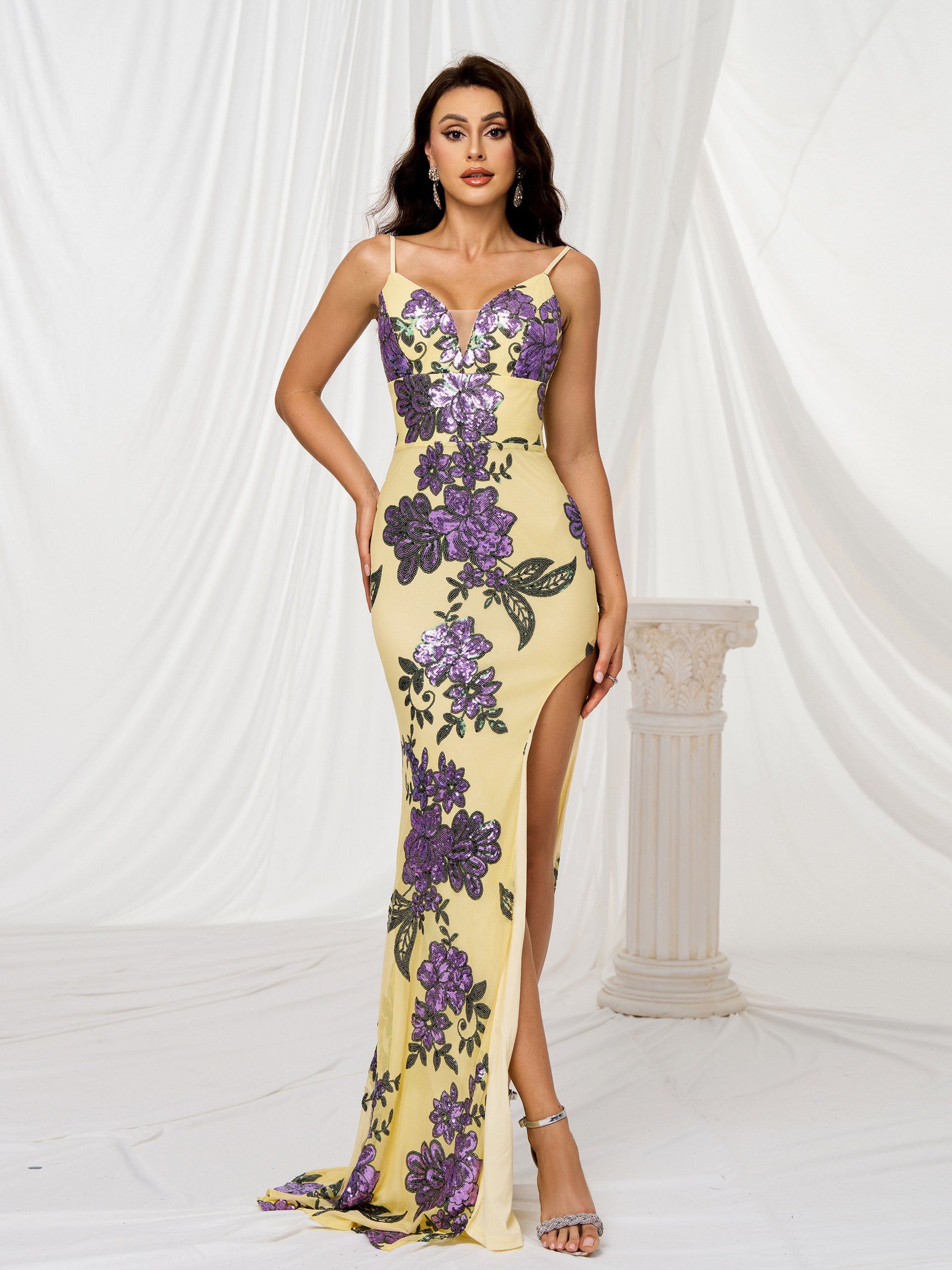 Spaghetti Split Floral Sequin Dress