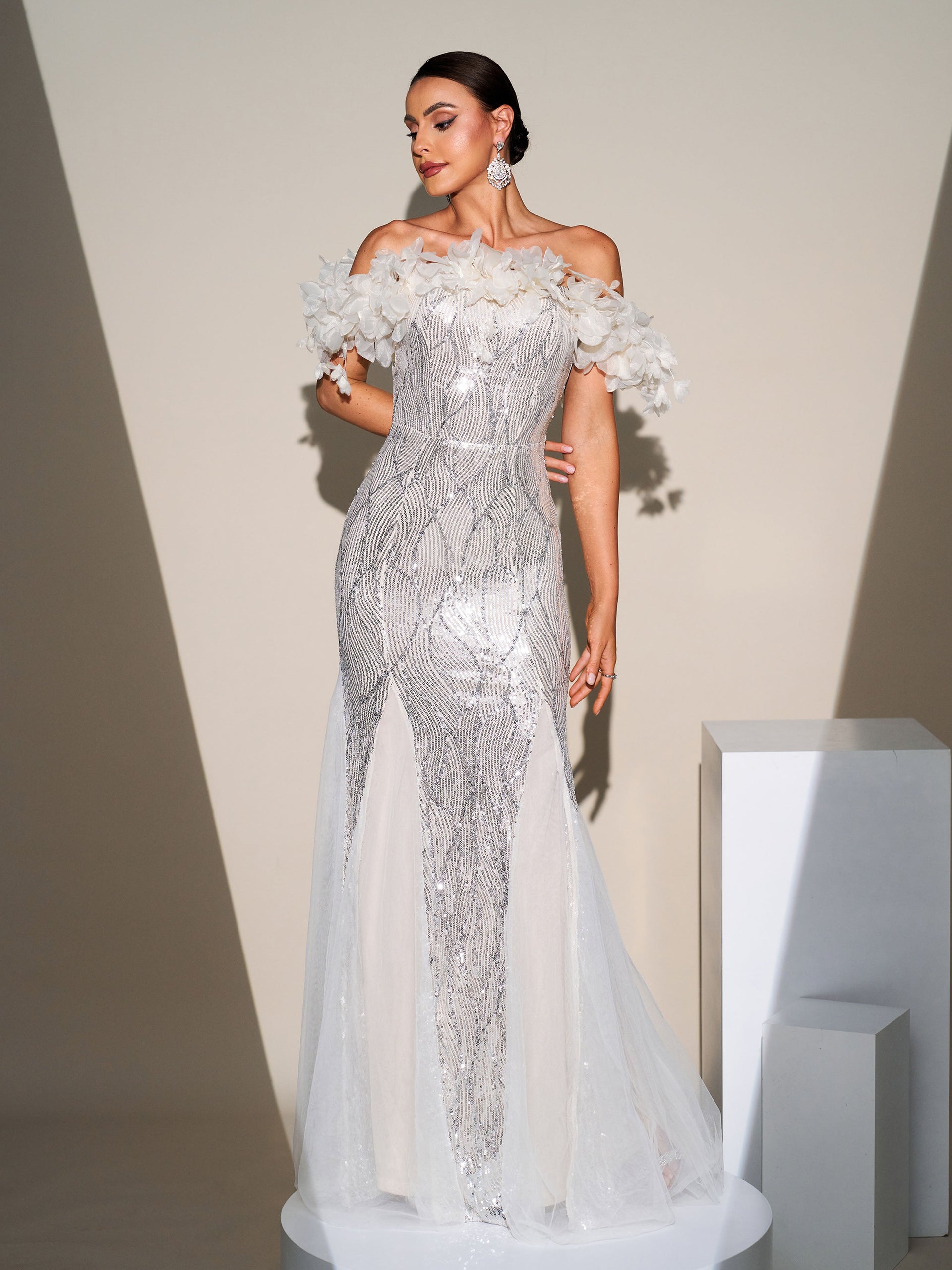 Off Shoulder Appliqued Sequin Mermaid Dress