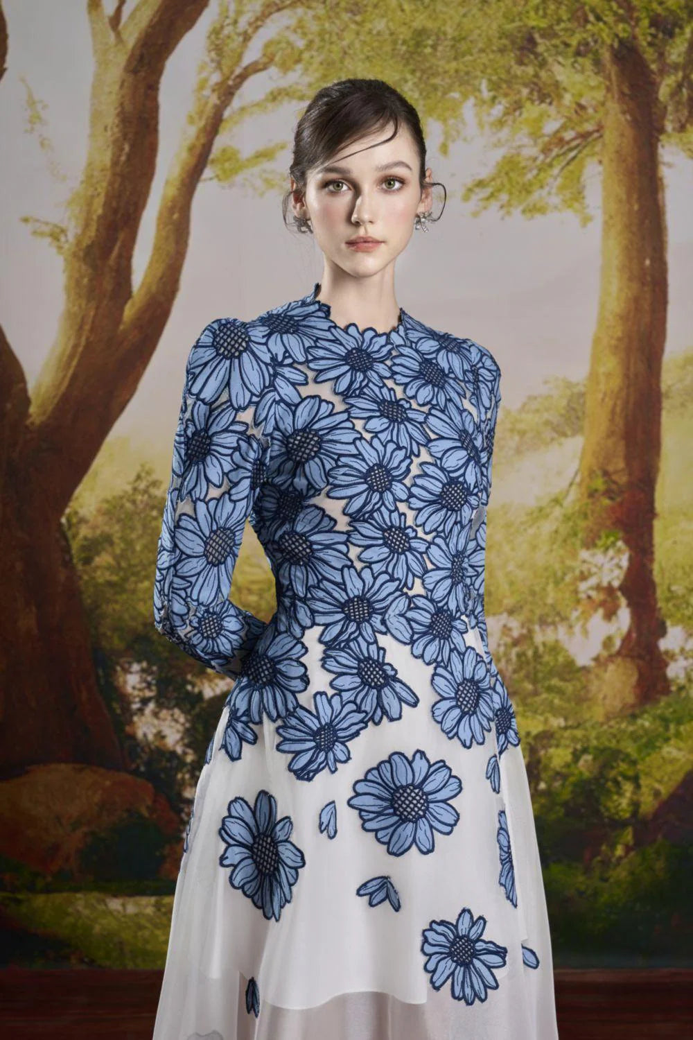 danielle blue-white a-line square shoulder lace midi dress