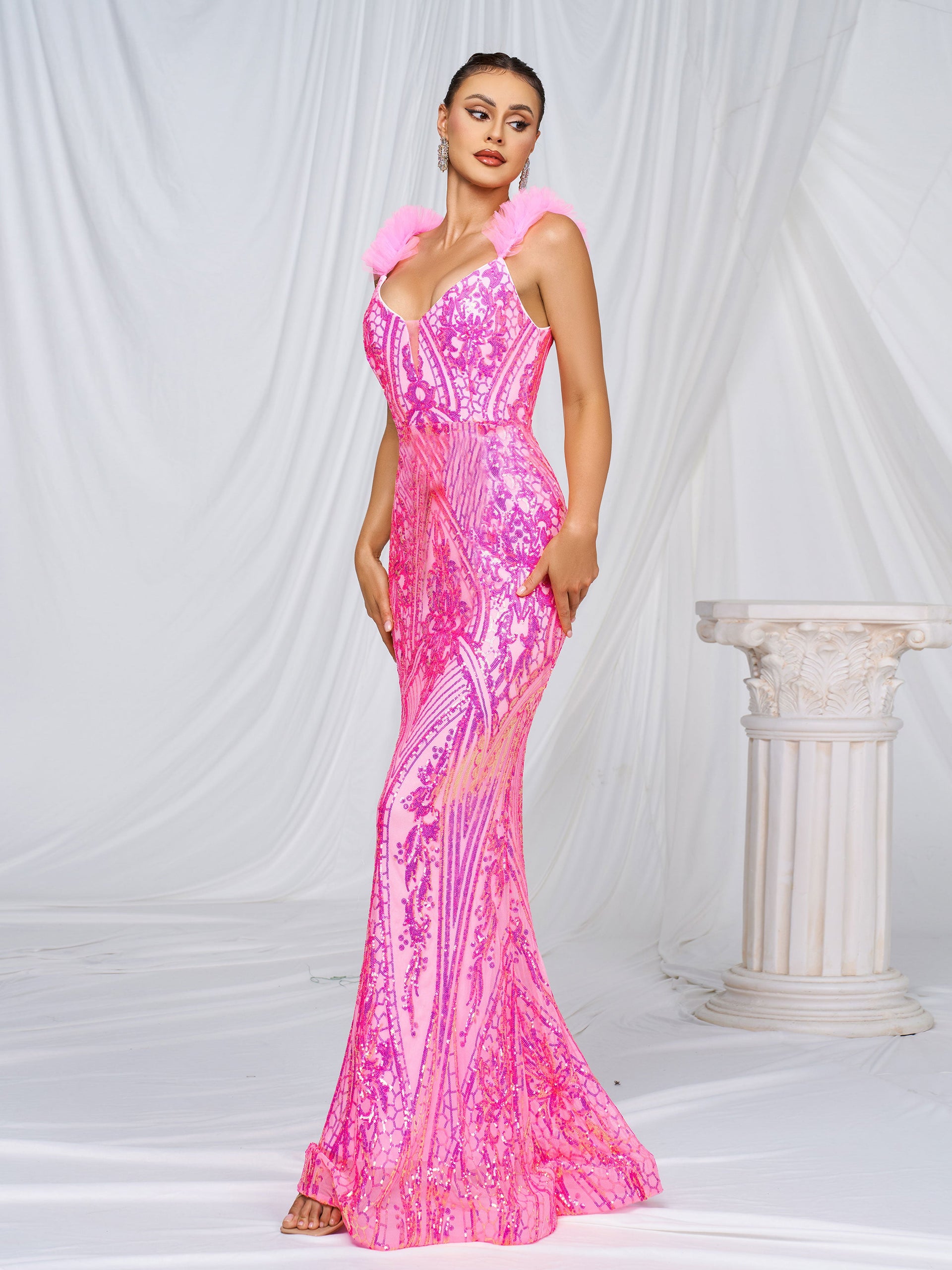 Mesh Straps Pink Sequin Maxi Dress