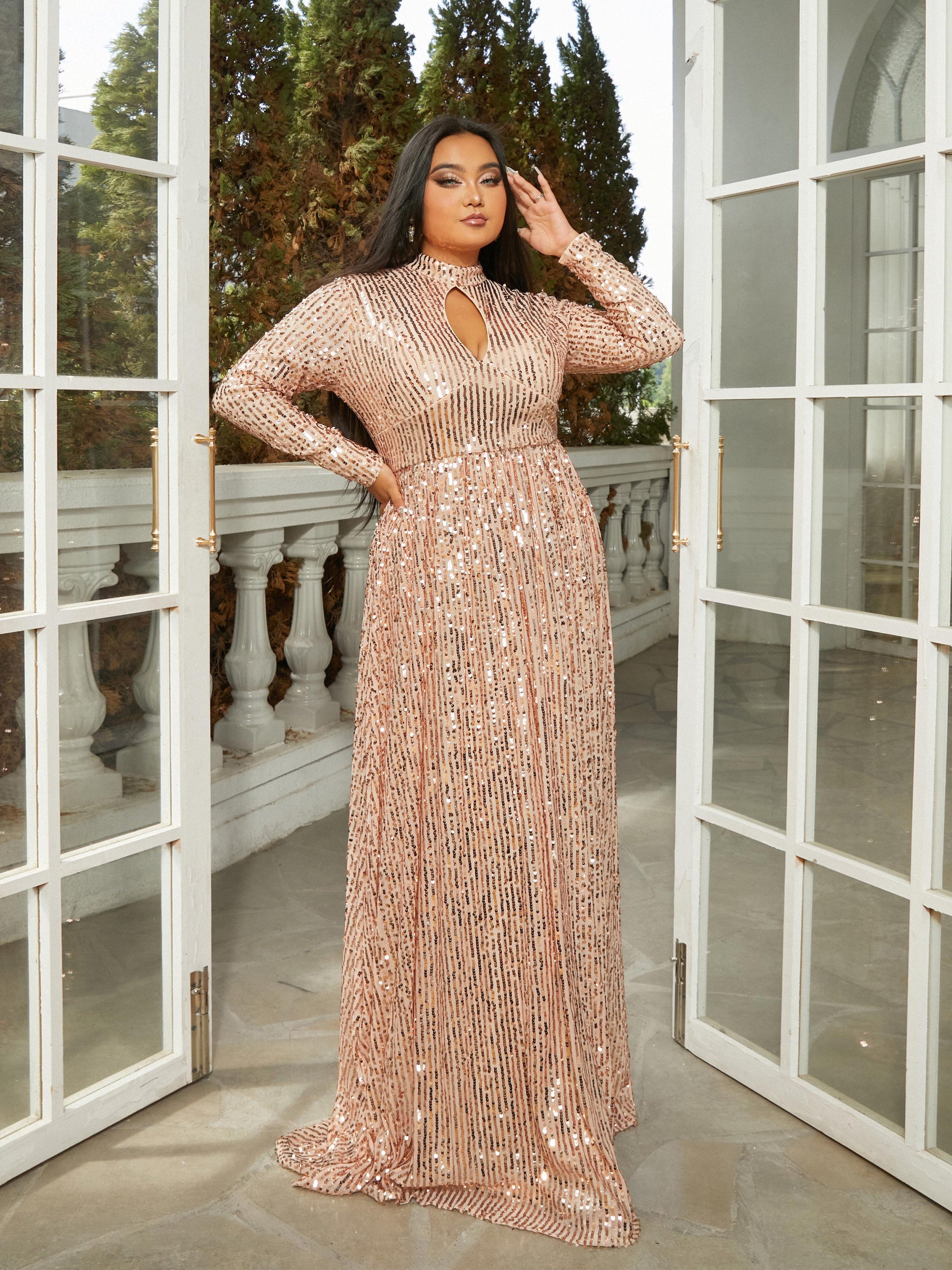 Plus Cutout Sequin Apricot Prom Dress