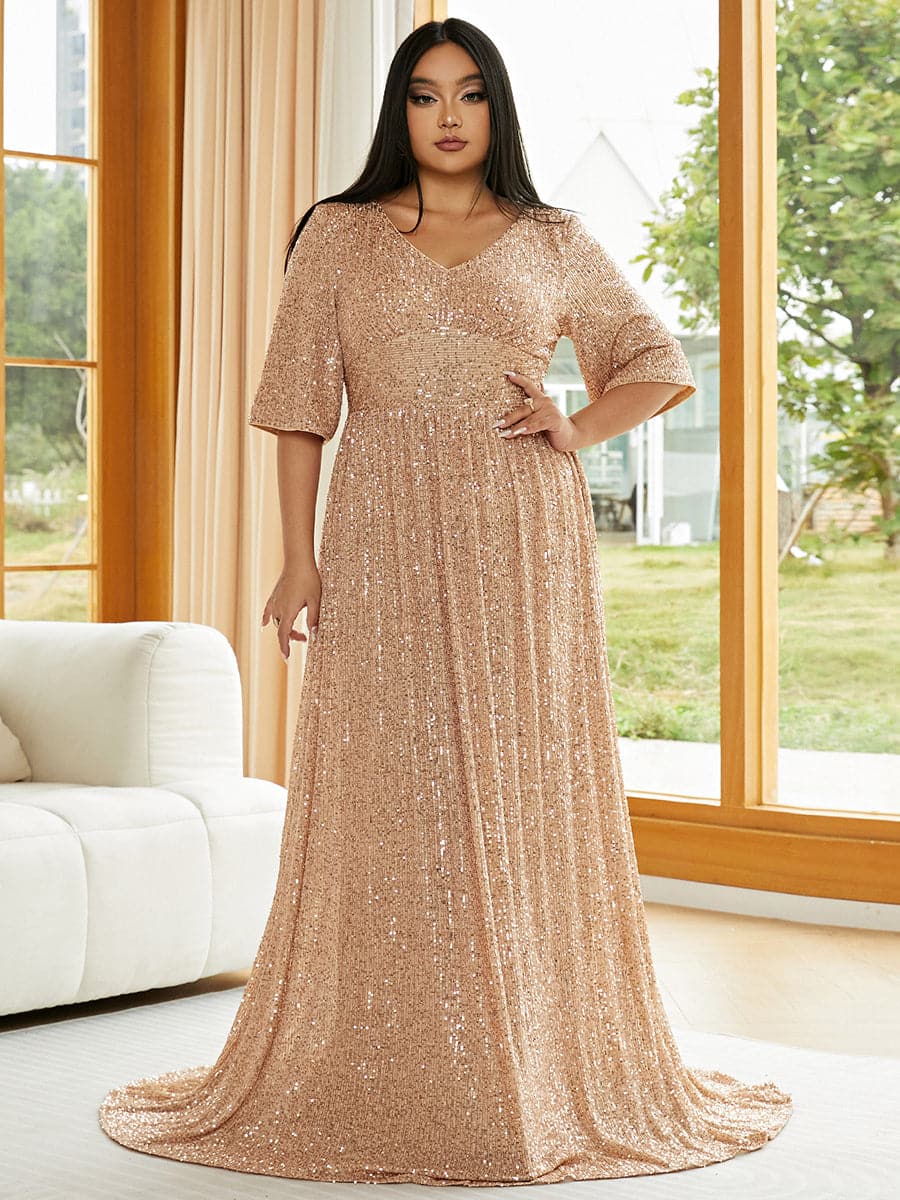 Plus V Neck Sequin Apricot Evening Dress