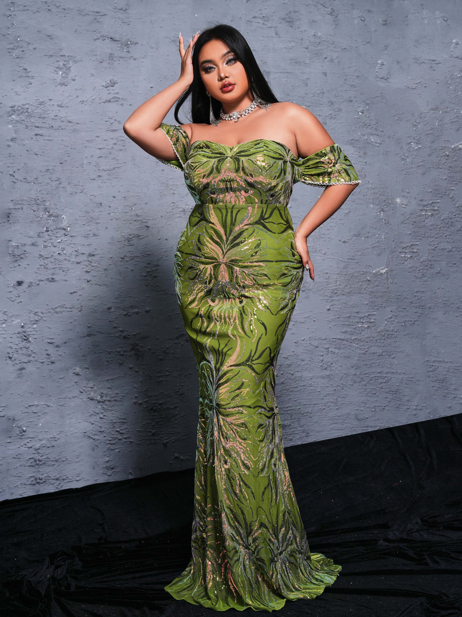 Plus Off Shoulder Florid Mermaid Sequin Dress