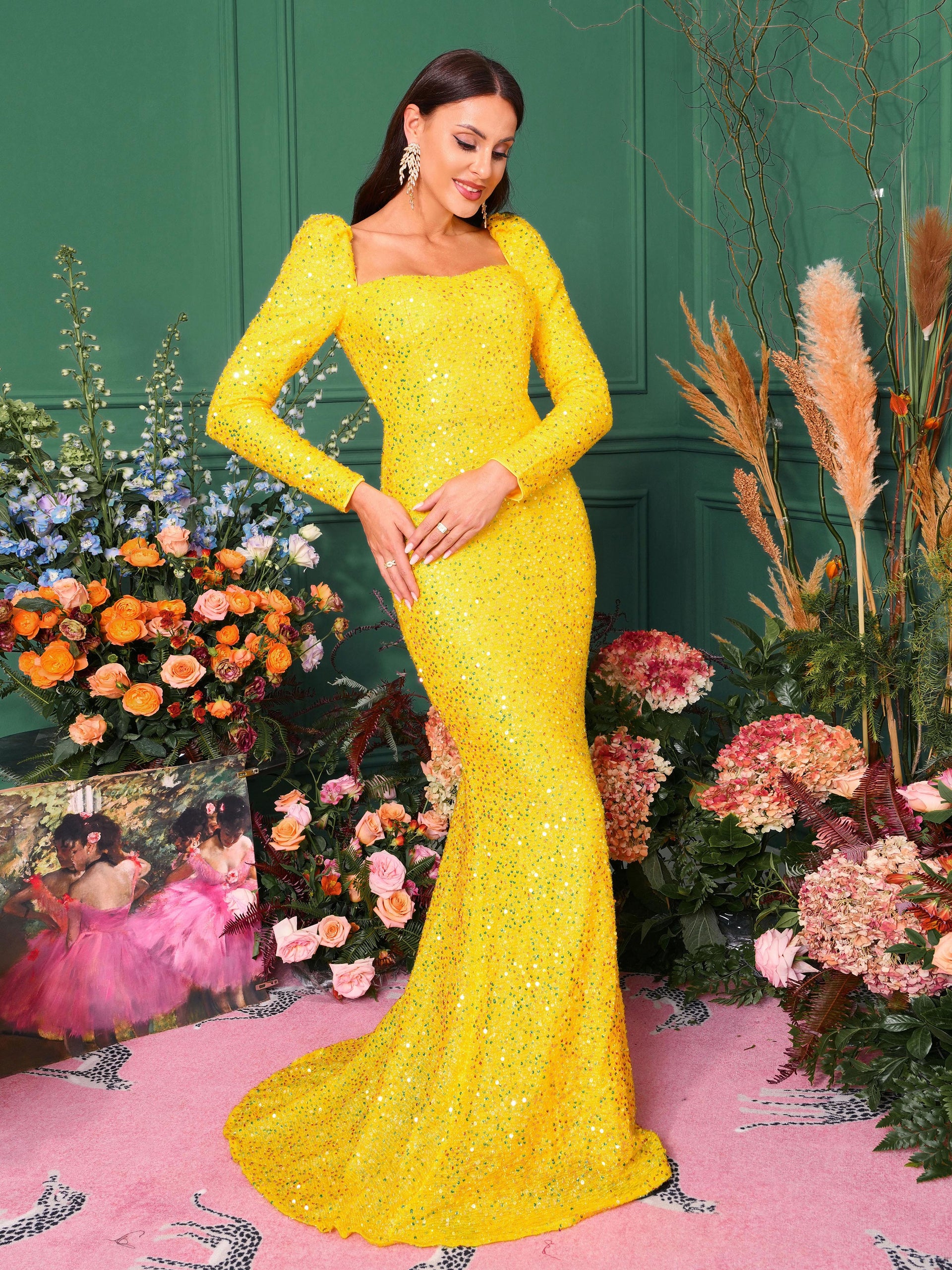 Formal Square Neck Mermaid Sequin Evening Dress