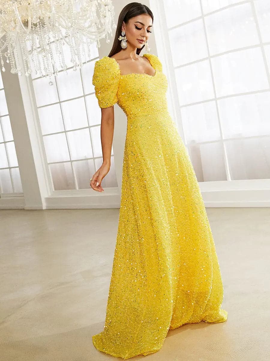 Light Yellow Puff Sleeve Sequin Maxi Dress