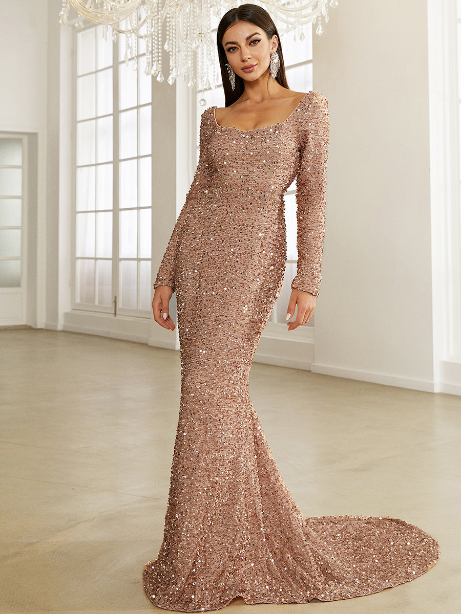 Square Neck Glitter Mermaid Evening Dress