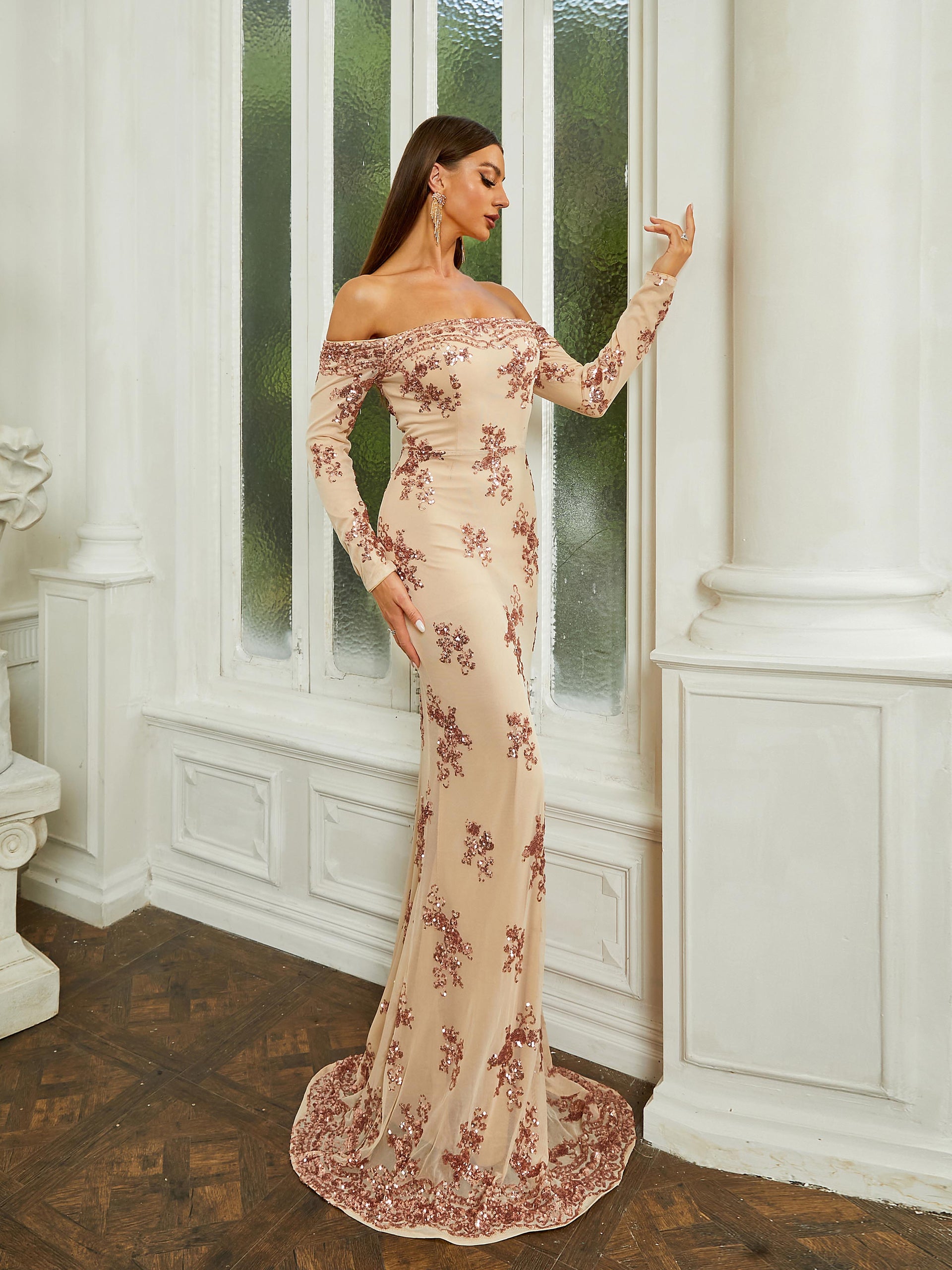 Floral Sequin Evening Dress