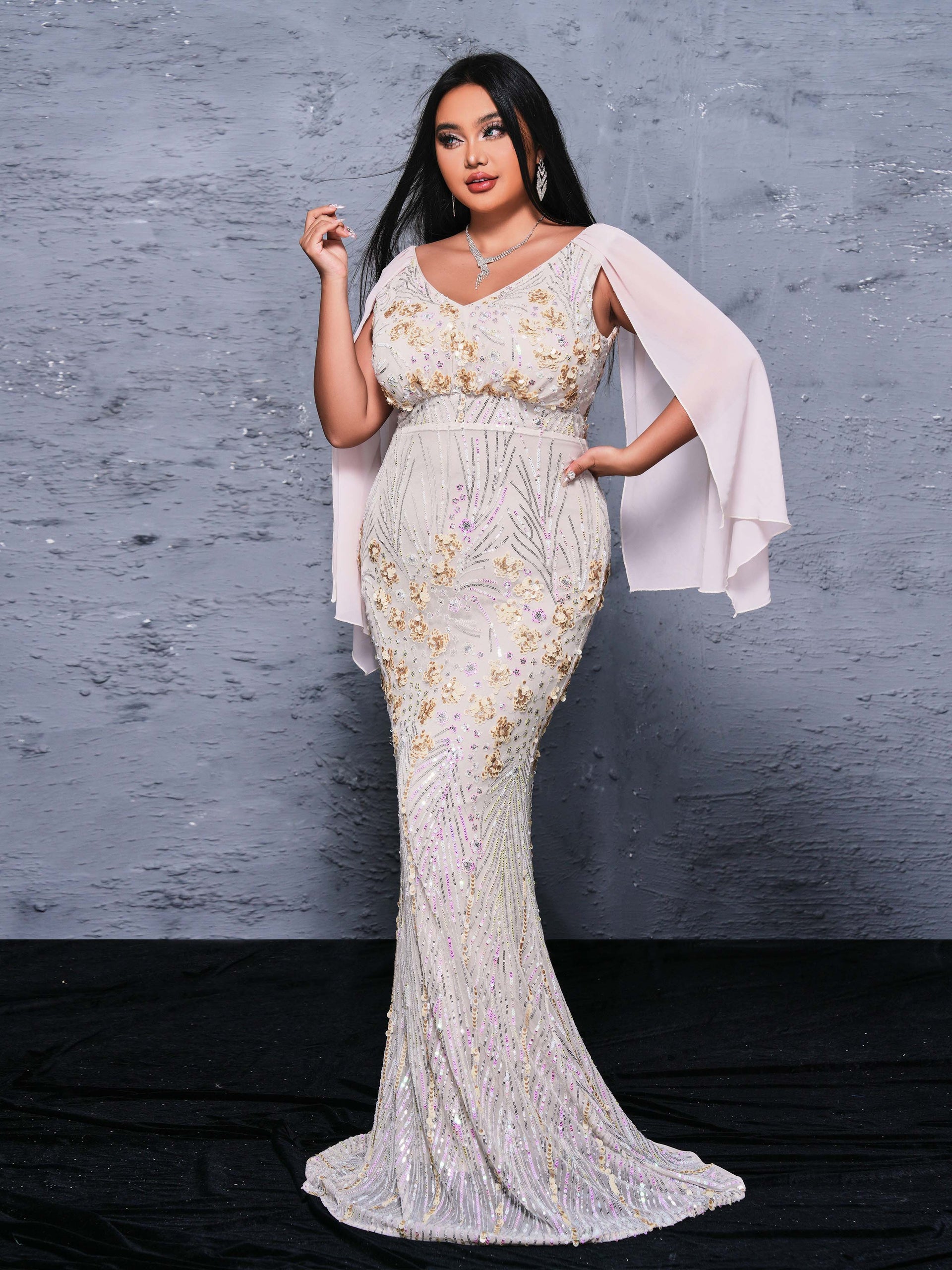Plus V-neck Floral Sequin Mermaid Dress