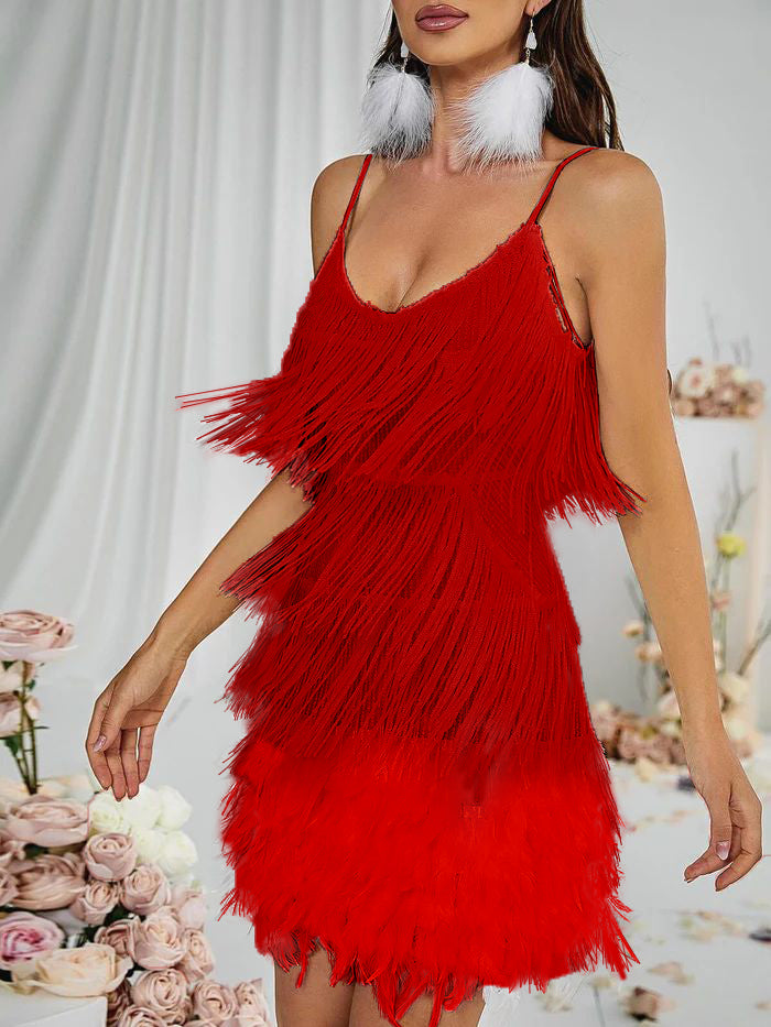 Austyn Tassel Feather Mini Dress In Red