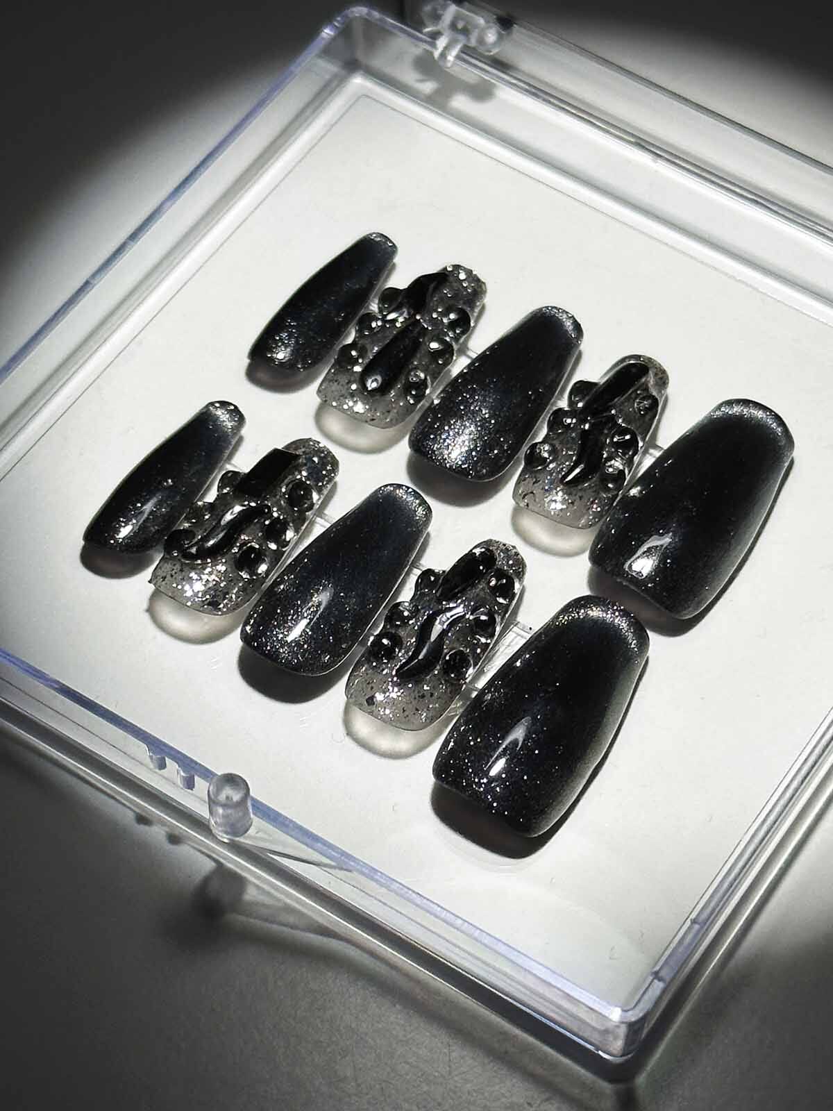 BLACK CAT EYE CRYSTAL HANDMADE PRESS ON NAILS Press On Nails Oh CICI
