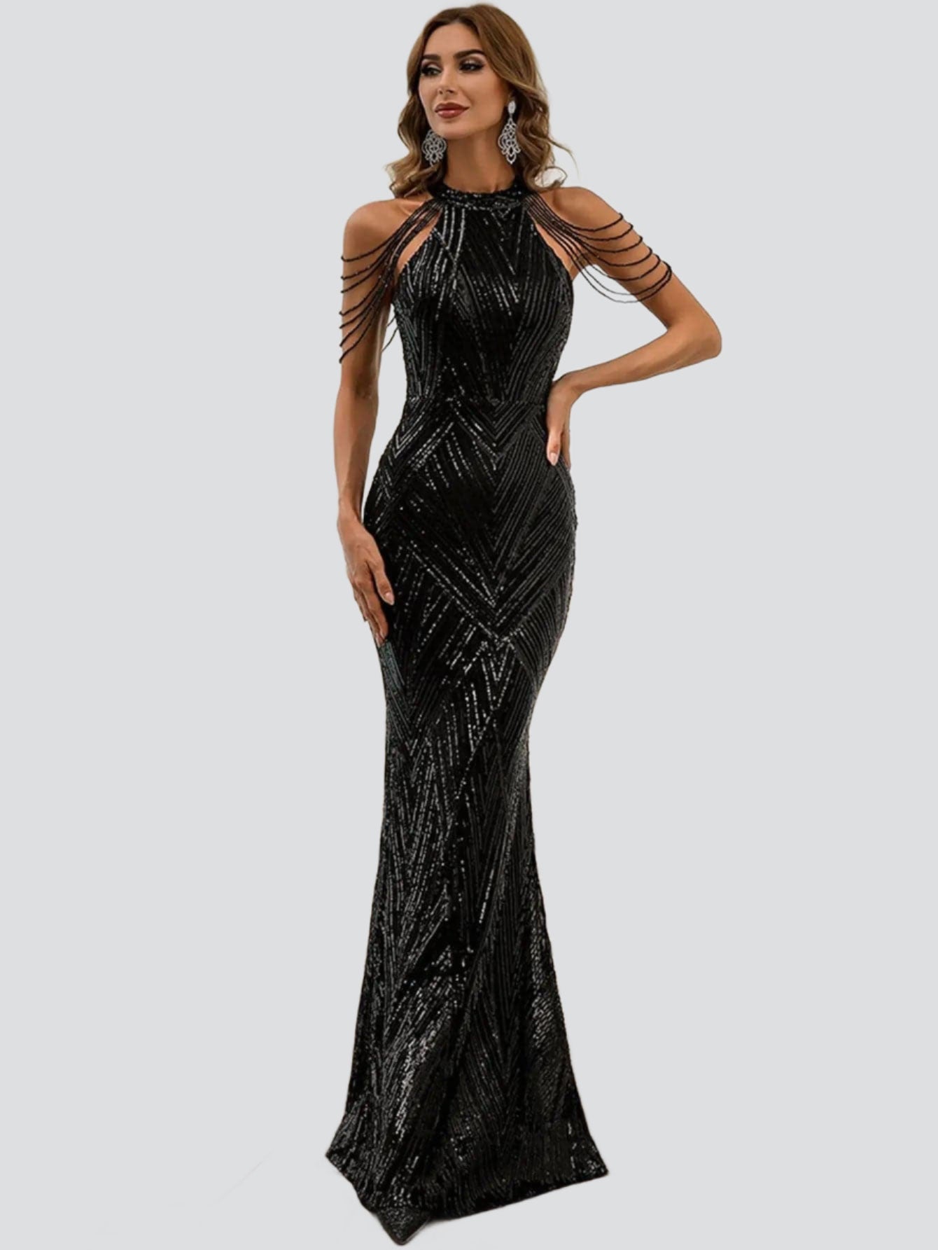 Cold Shoulder Beads Chain Cocktail Dress