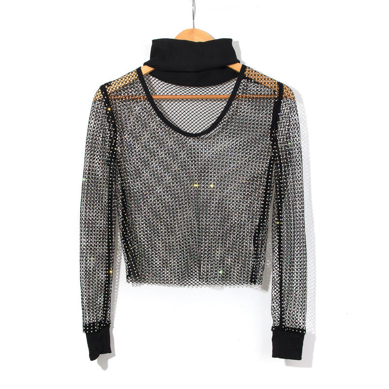 BLING RHINESTONE FISHNET TURTLENECK TOP