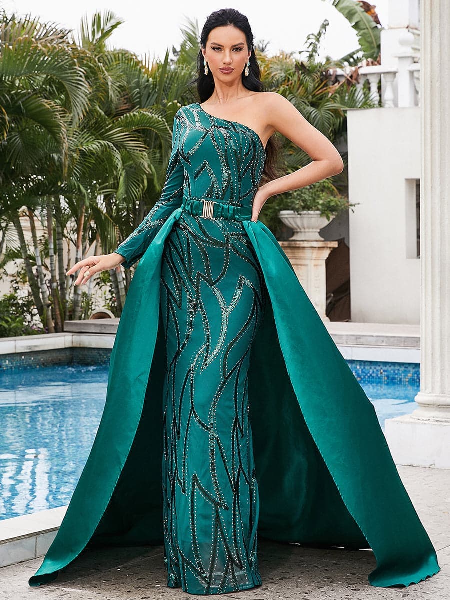 One Shoulder Cloak Sequin Prom Dress