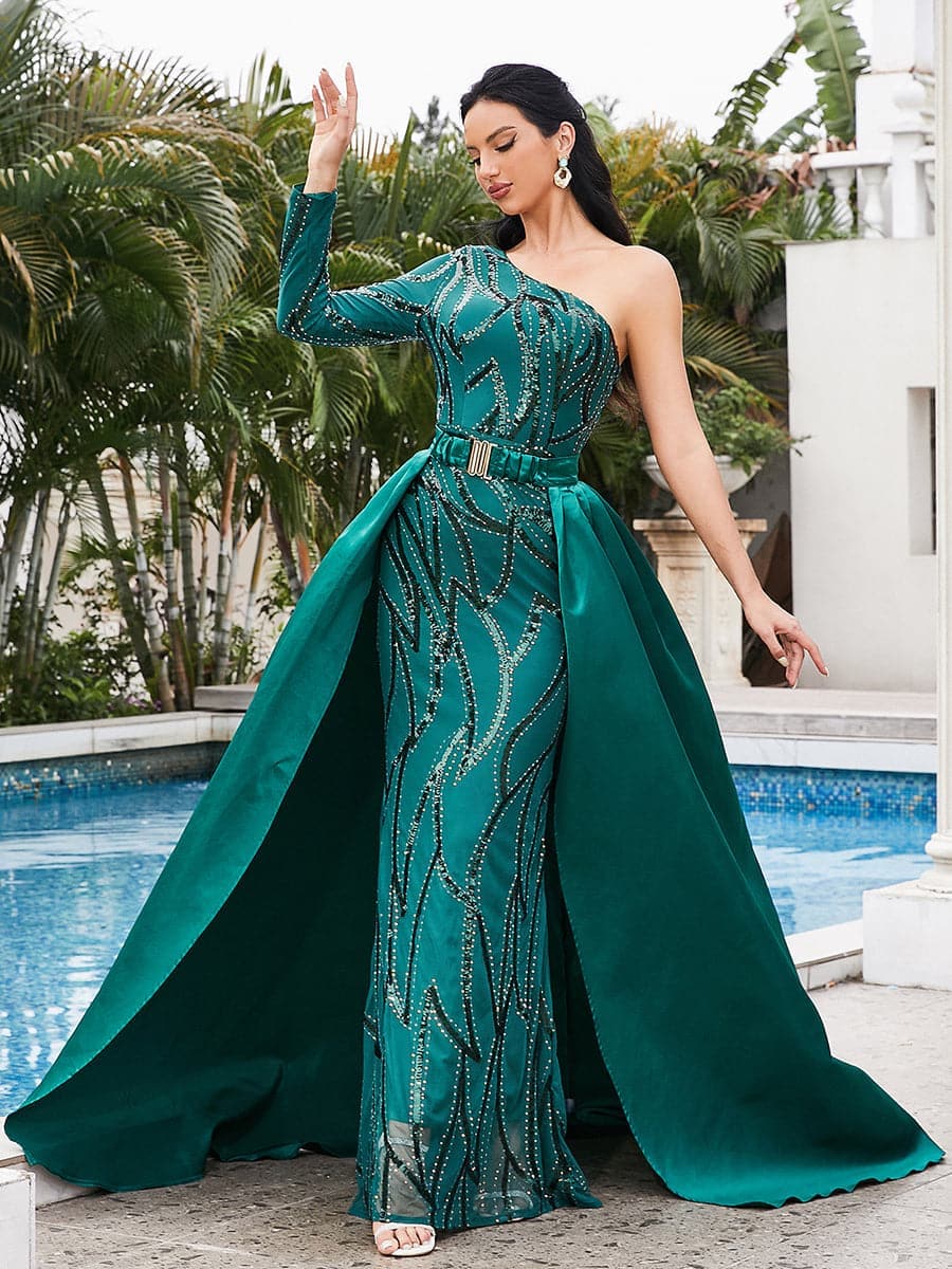 One Shoulder Cloak Sequin Prom Dress
