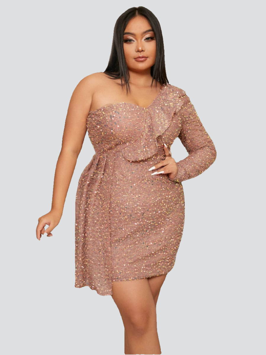 Plus One Shoulder Ruffle Trim Sequin Dress
