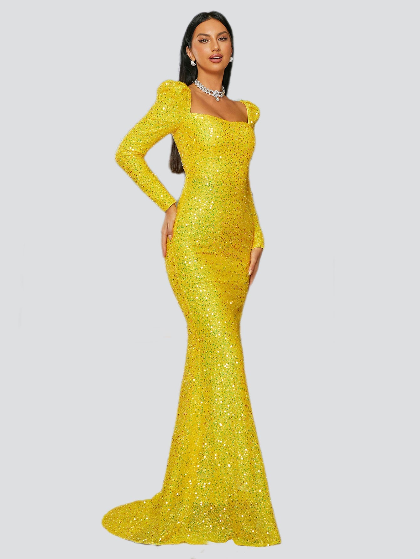 Formal Square Neck Mermaid Sequin Evening Dress