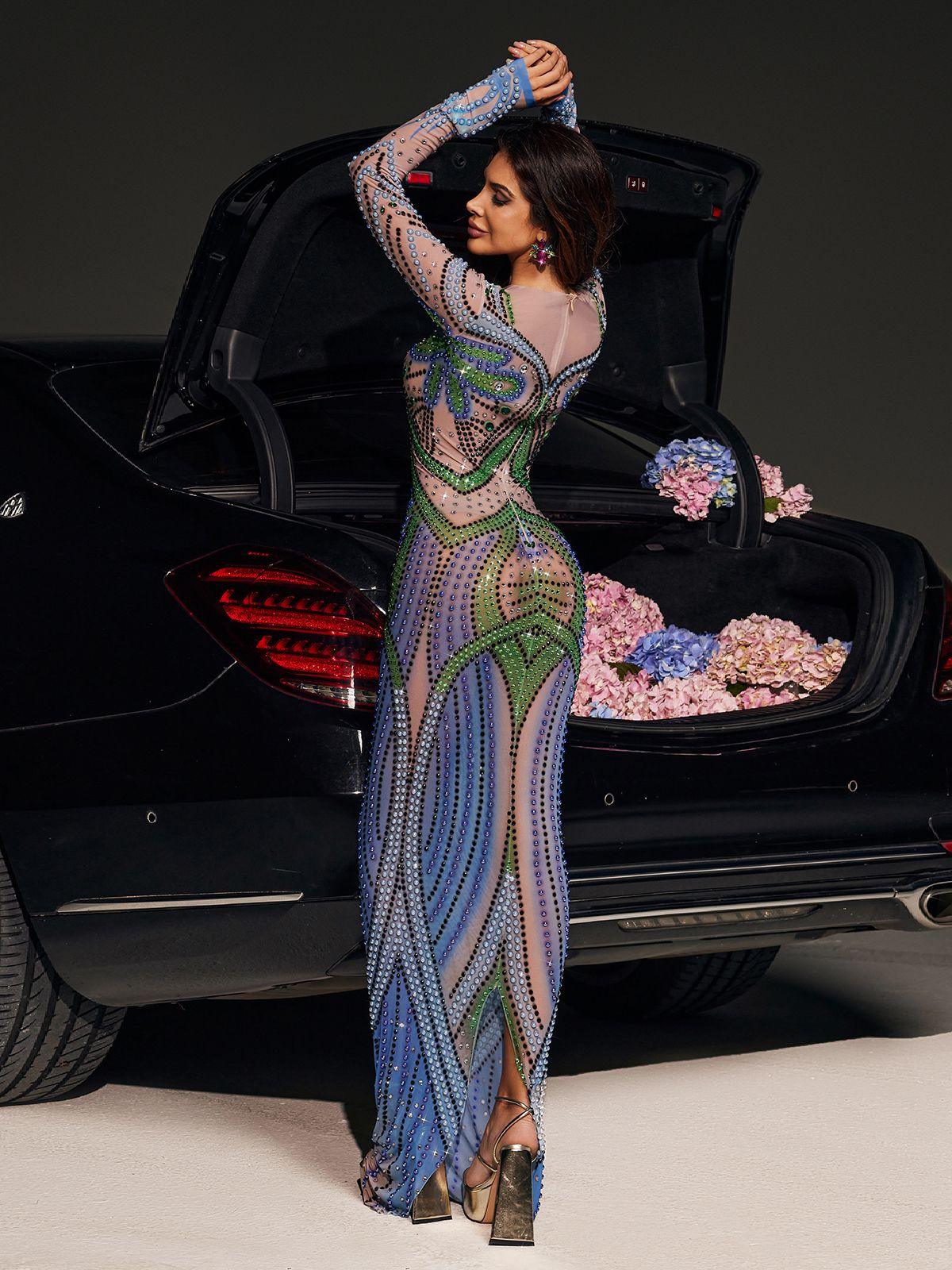 Thana Long Sleeve Rhinestone Maxi Dress